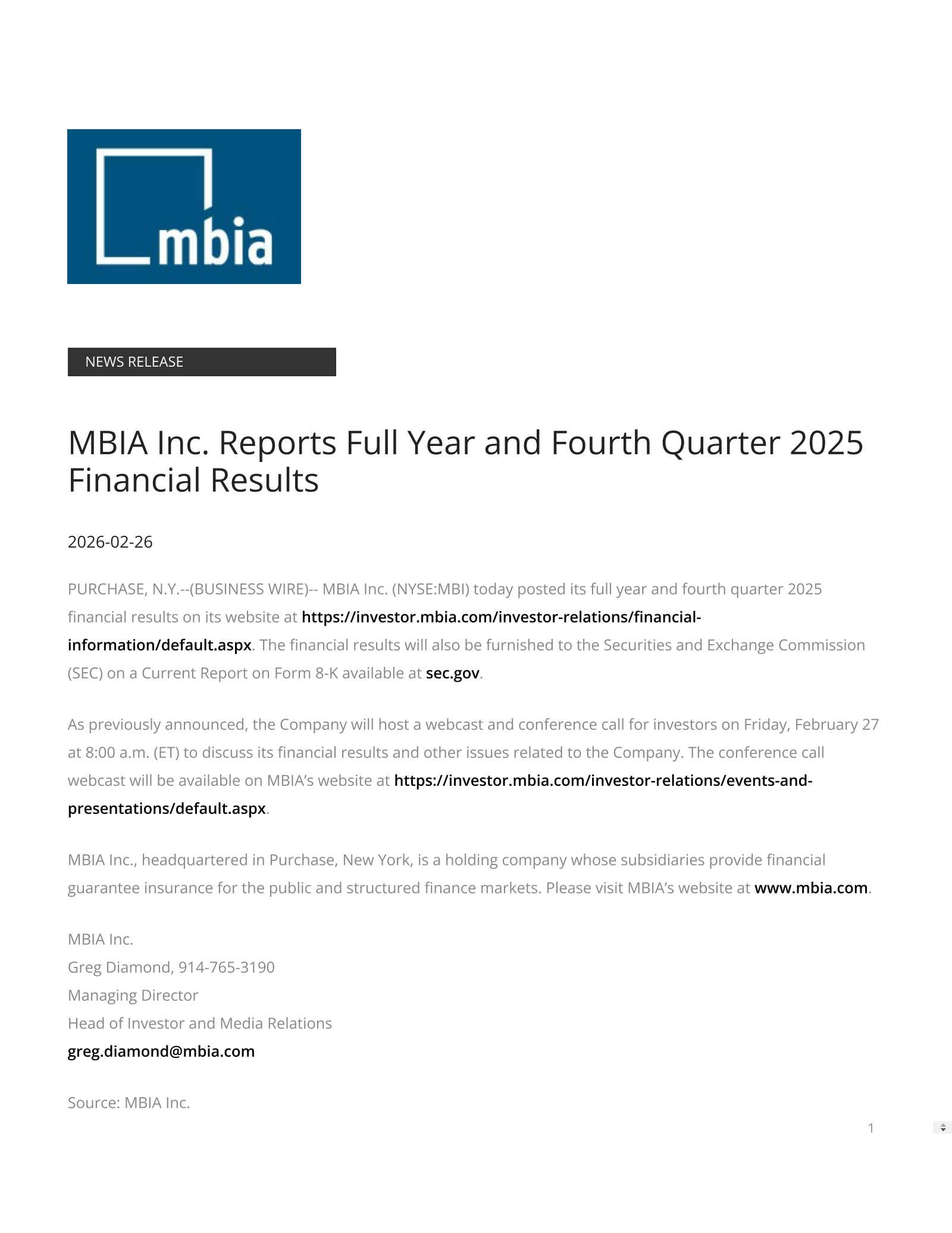 MBIA's Q4 2025 Press Release