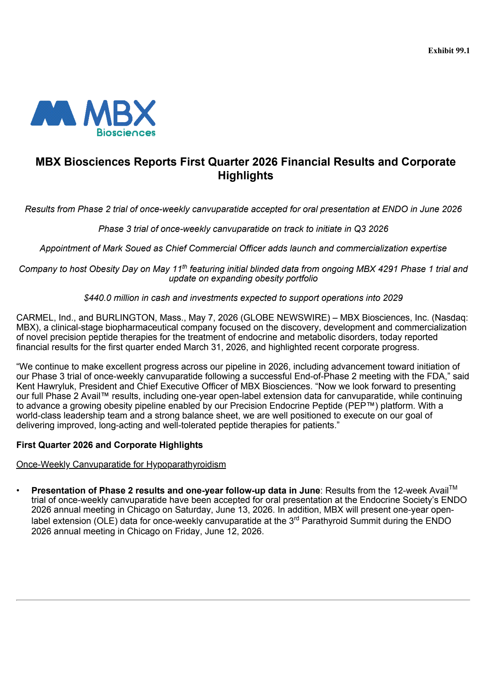 MBX Biosciences' Q1 2026 Press Release