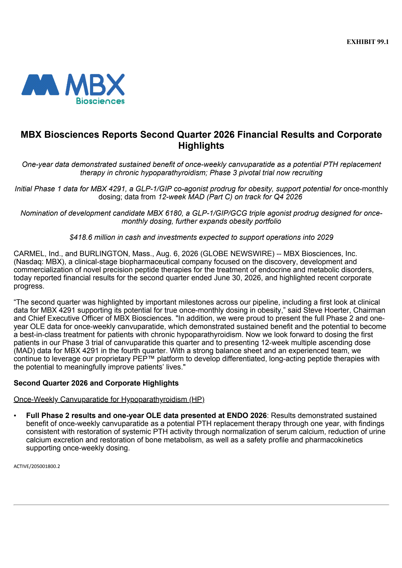 MBX Biosciences' Q2 2026 Press Release
