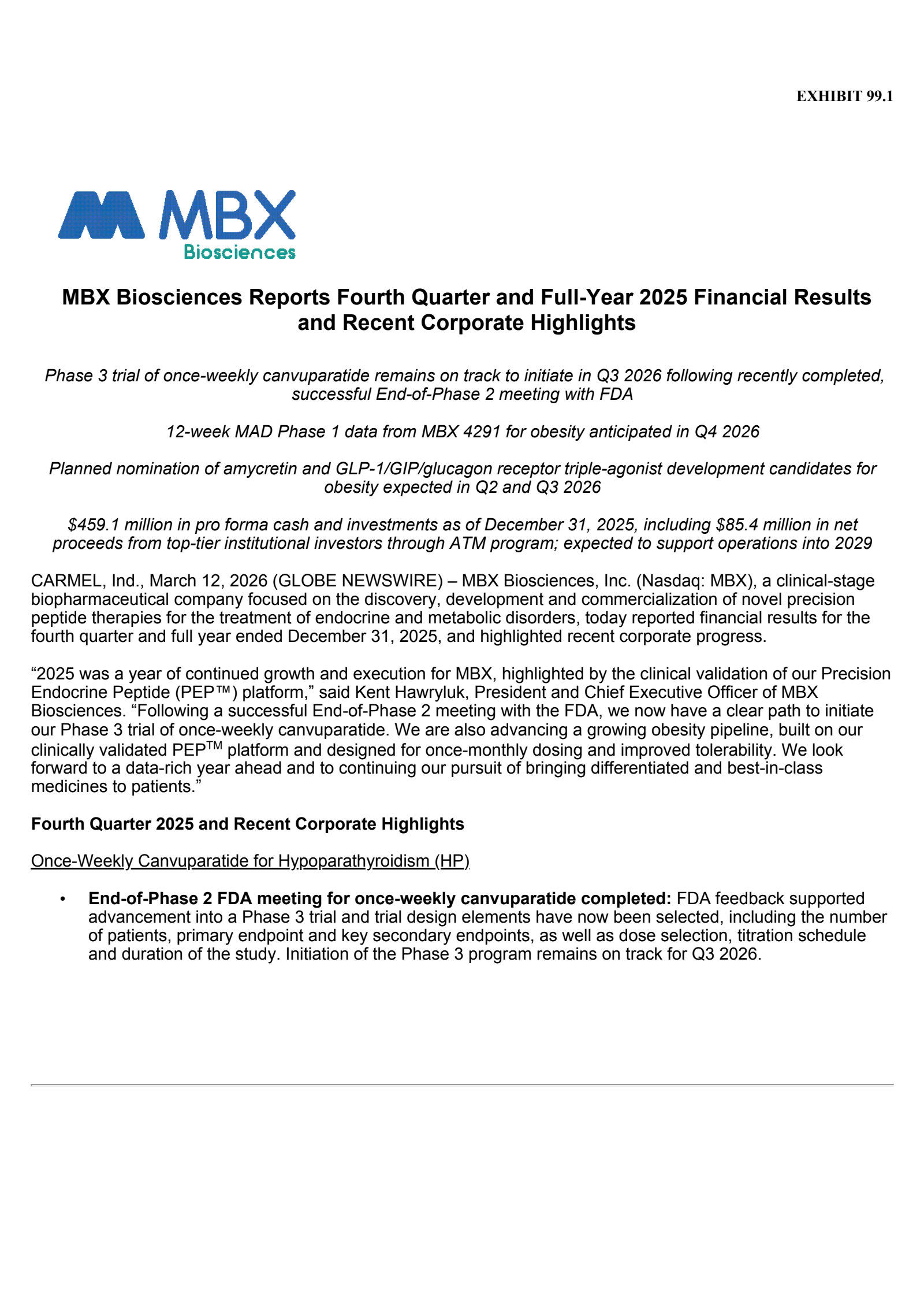 MBX Biosciences' Q4 2025 Press Release