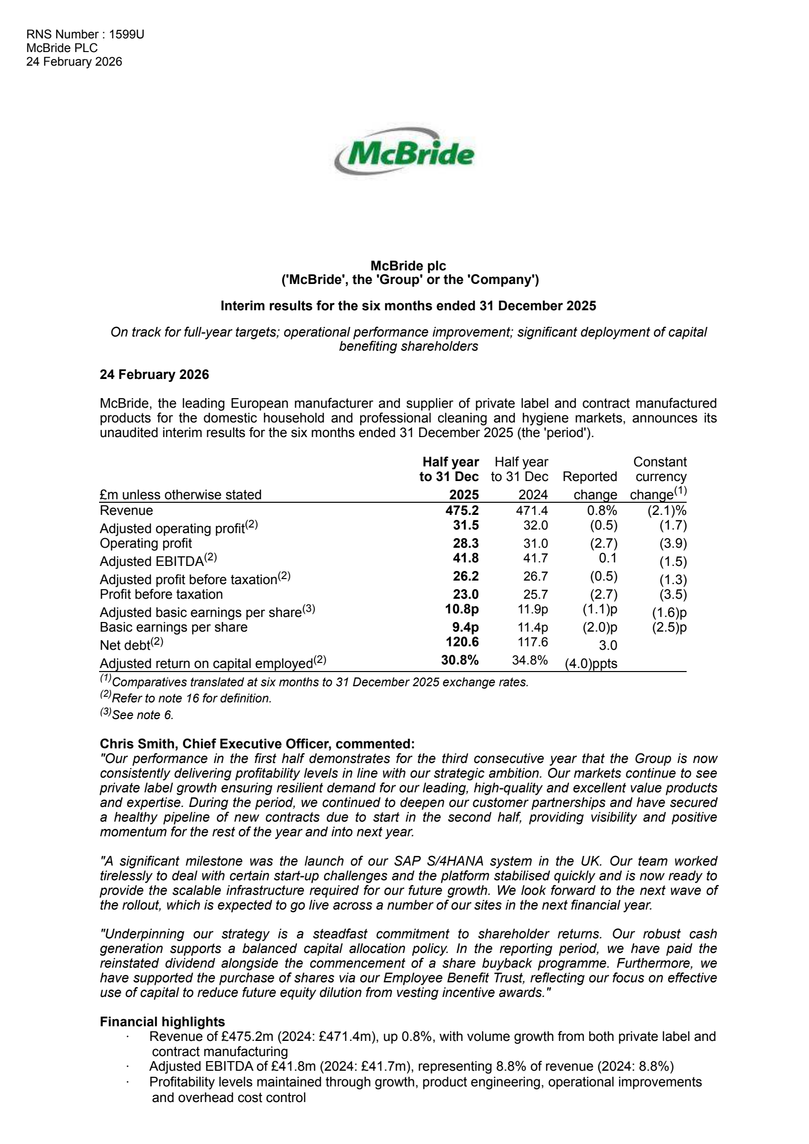 McBride's H1 2026 Interim report