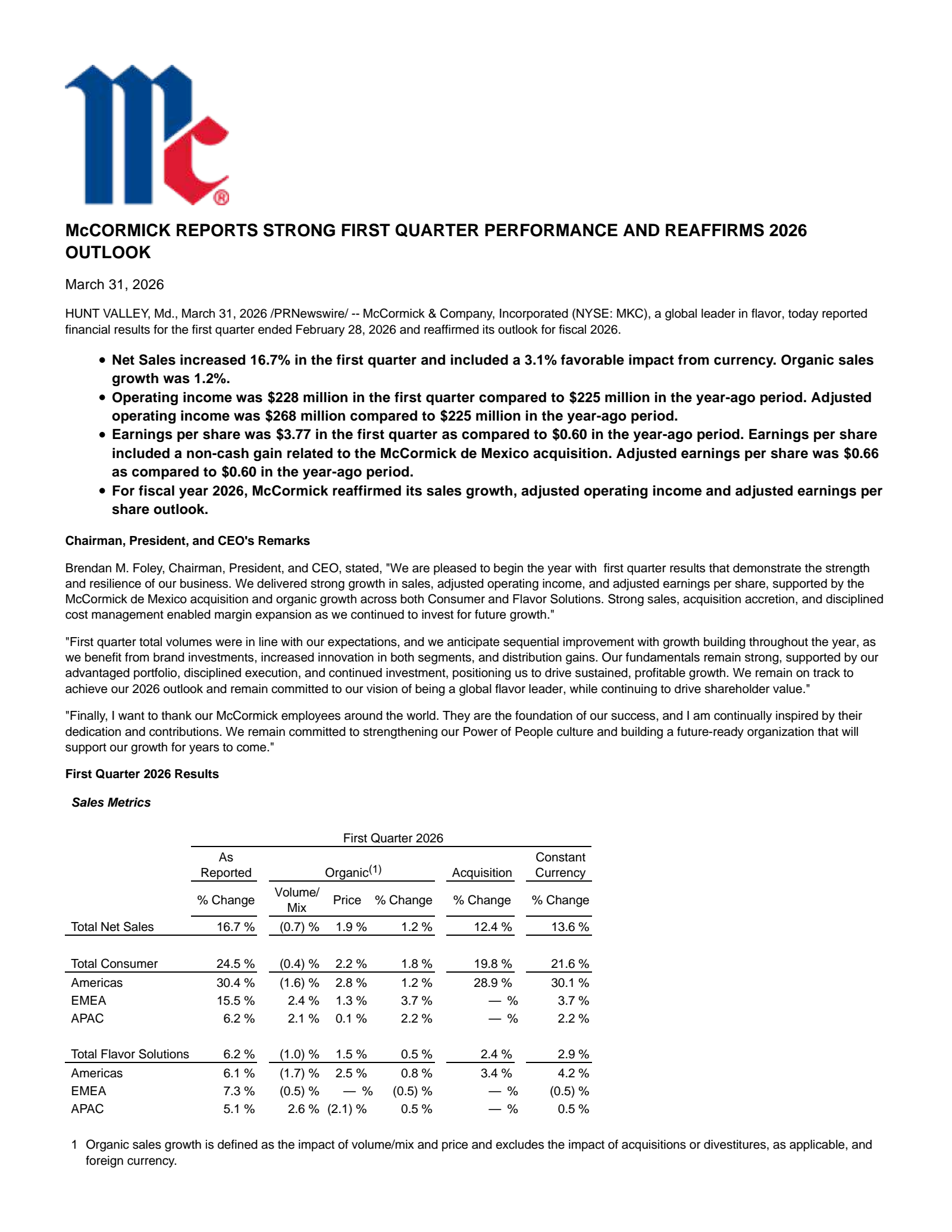 McCormick & Company, Incorporated's Q1 2026 Press Release