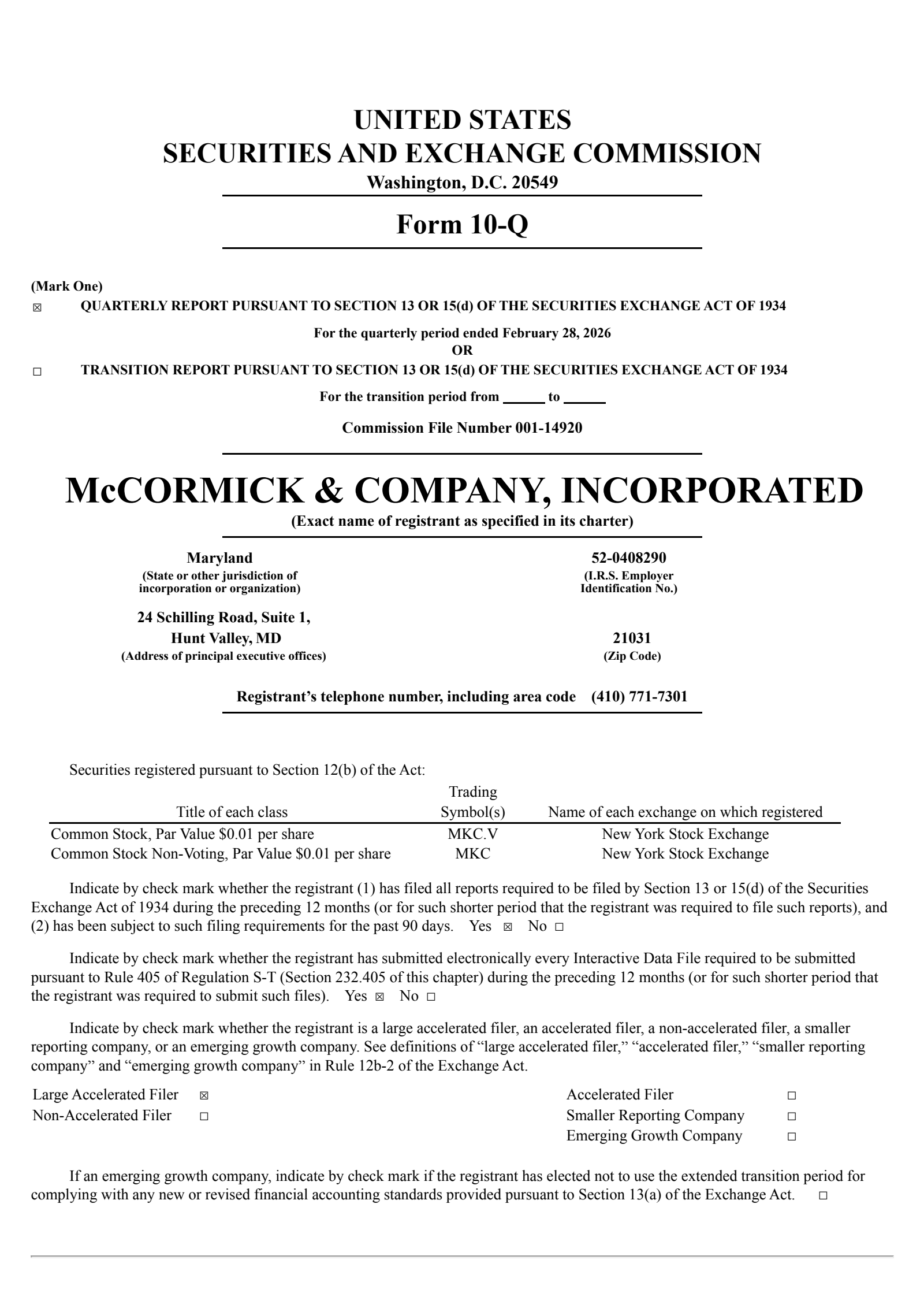 McCormick & Company, Incorporated's Q1 2026 Quarterly report