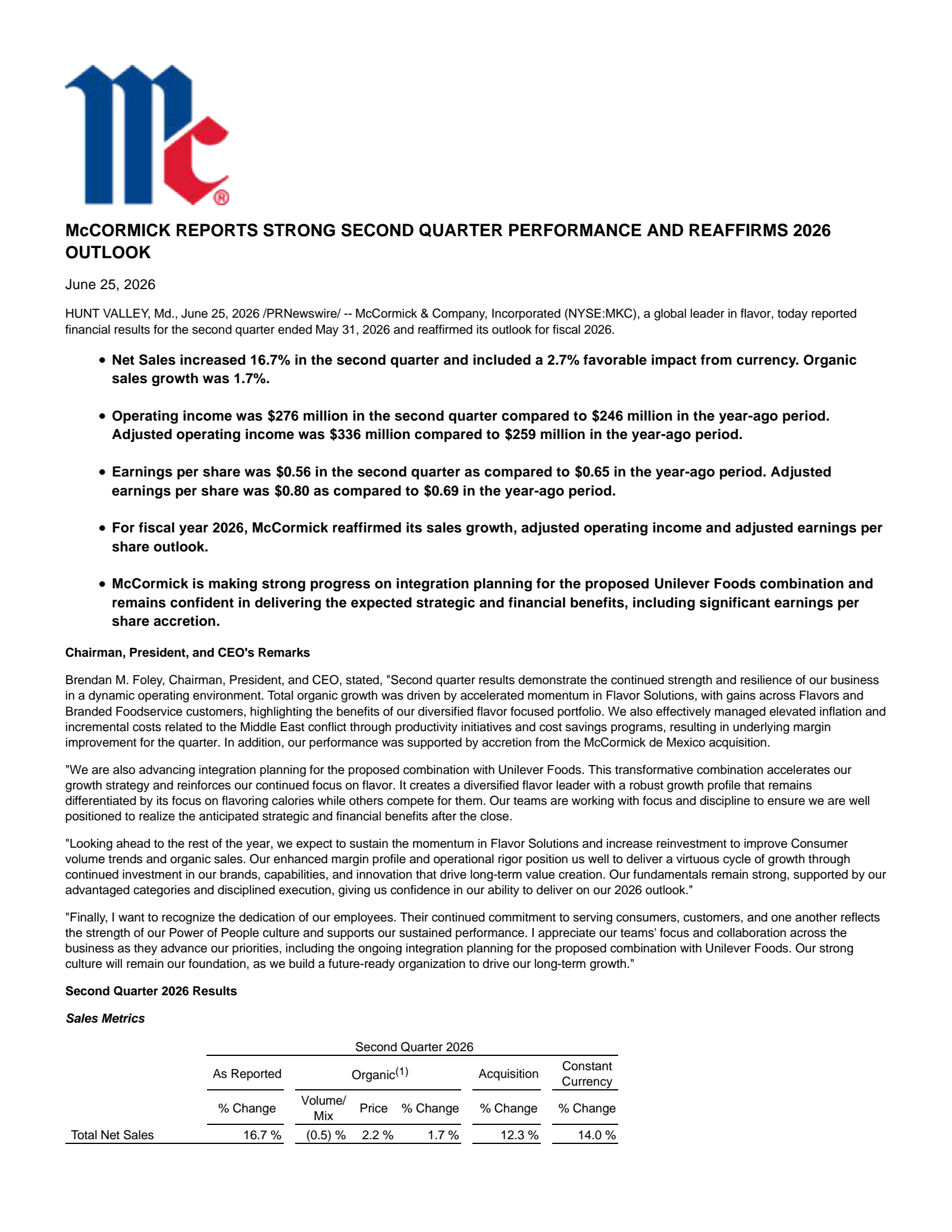 McCormick & Company, Incorporated's Q2 2026 Press Release