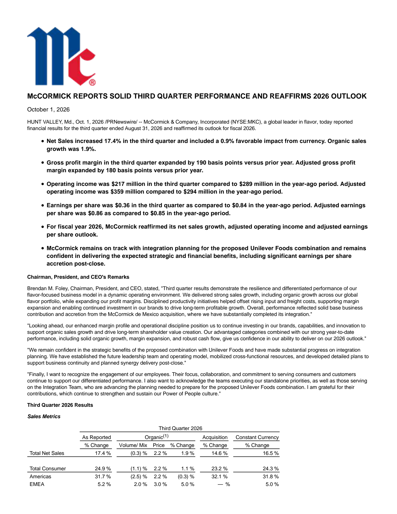 McCormick & Company, Incorporated's Q3 2026 Press Release