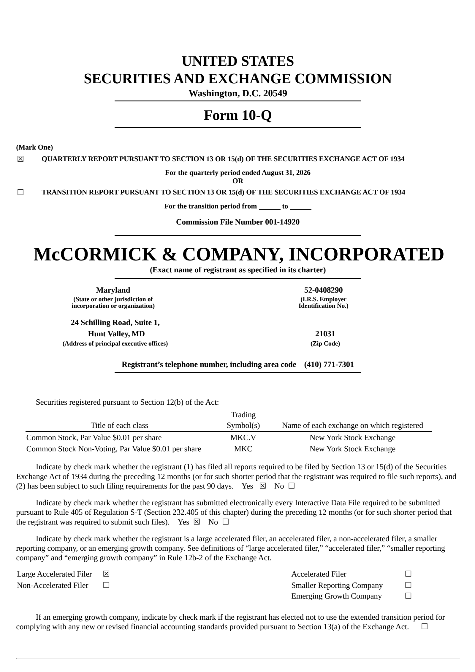McCormick & Company, Incorporated's Q3 2026 Quarterly report