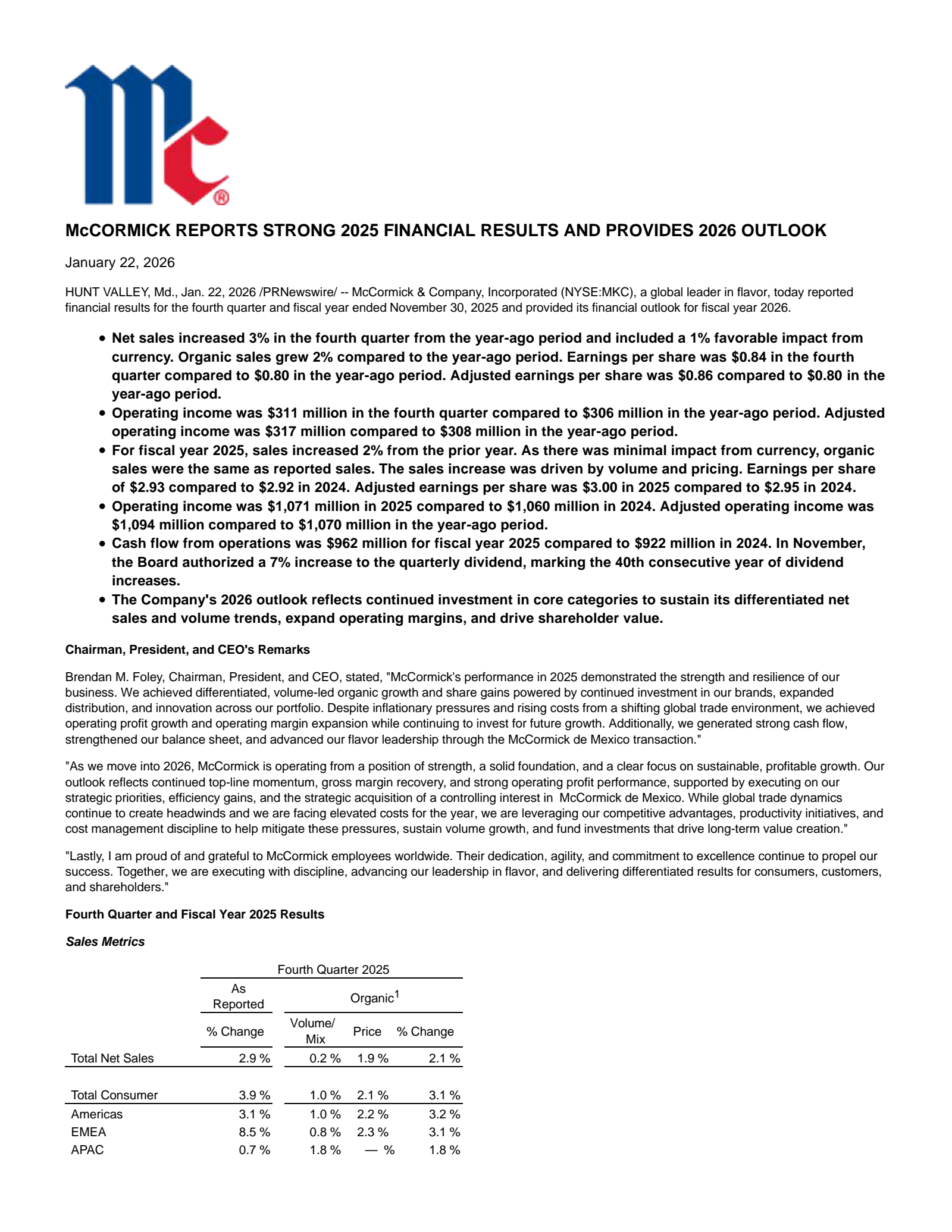 McCormick & Company, Incorporated's Q4 2025 Press Release