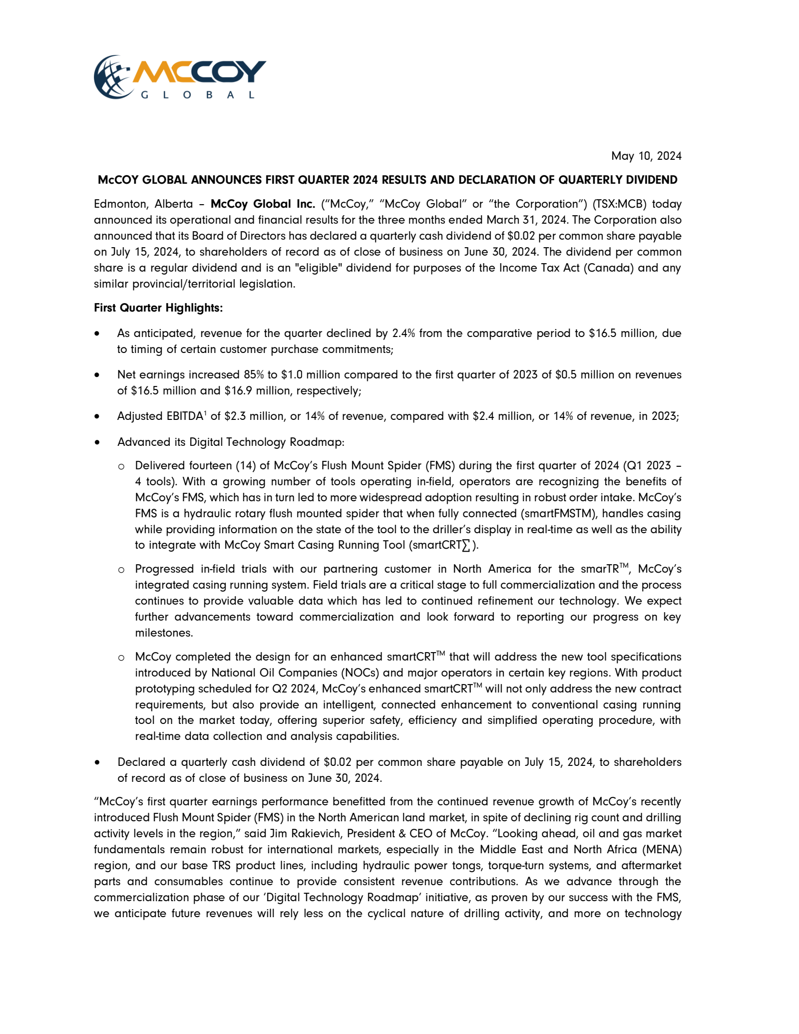 McCoy Global's Q1 2024 Earnings Release