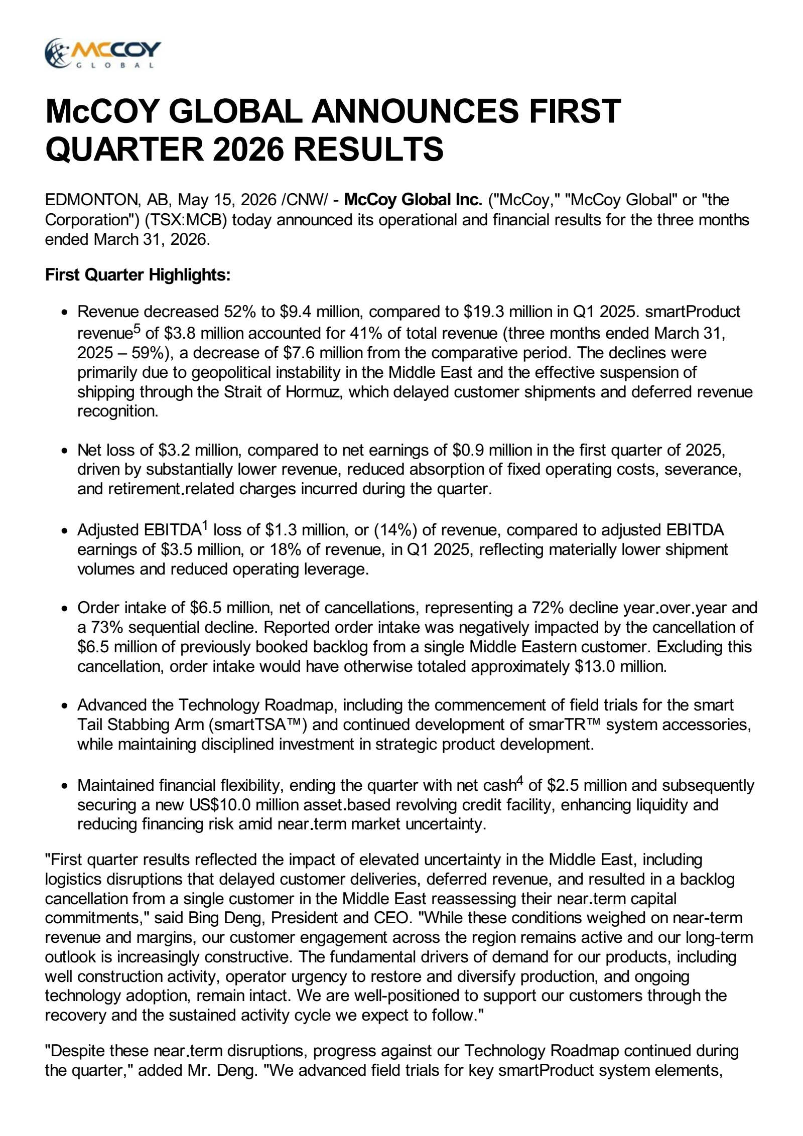 McCoy Global's Q1 2026 Press Release