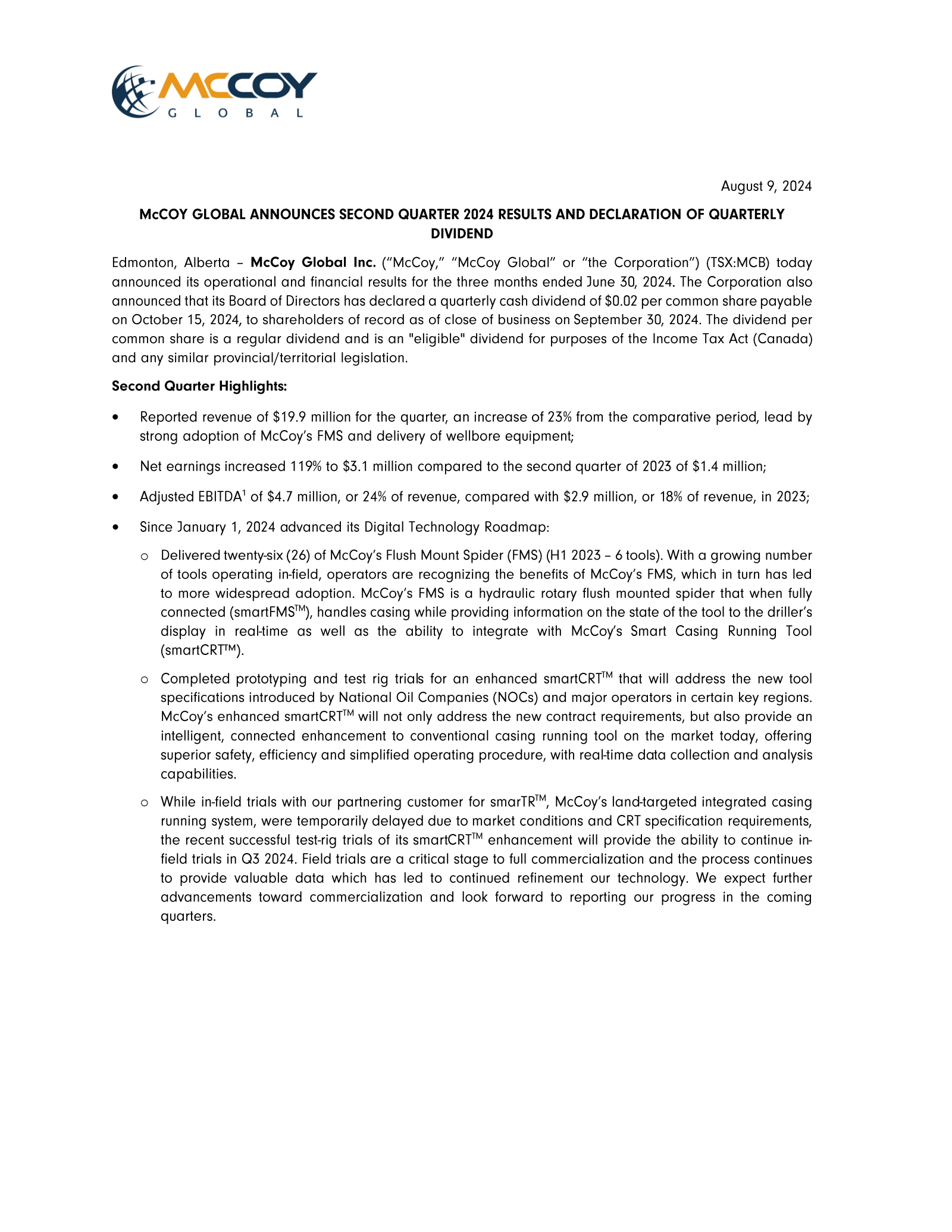 McCoy Global's Q2 2024 Earnings Release