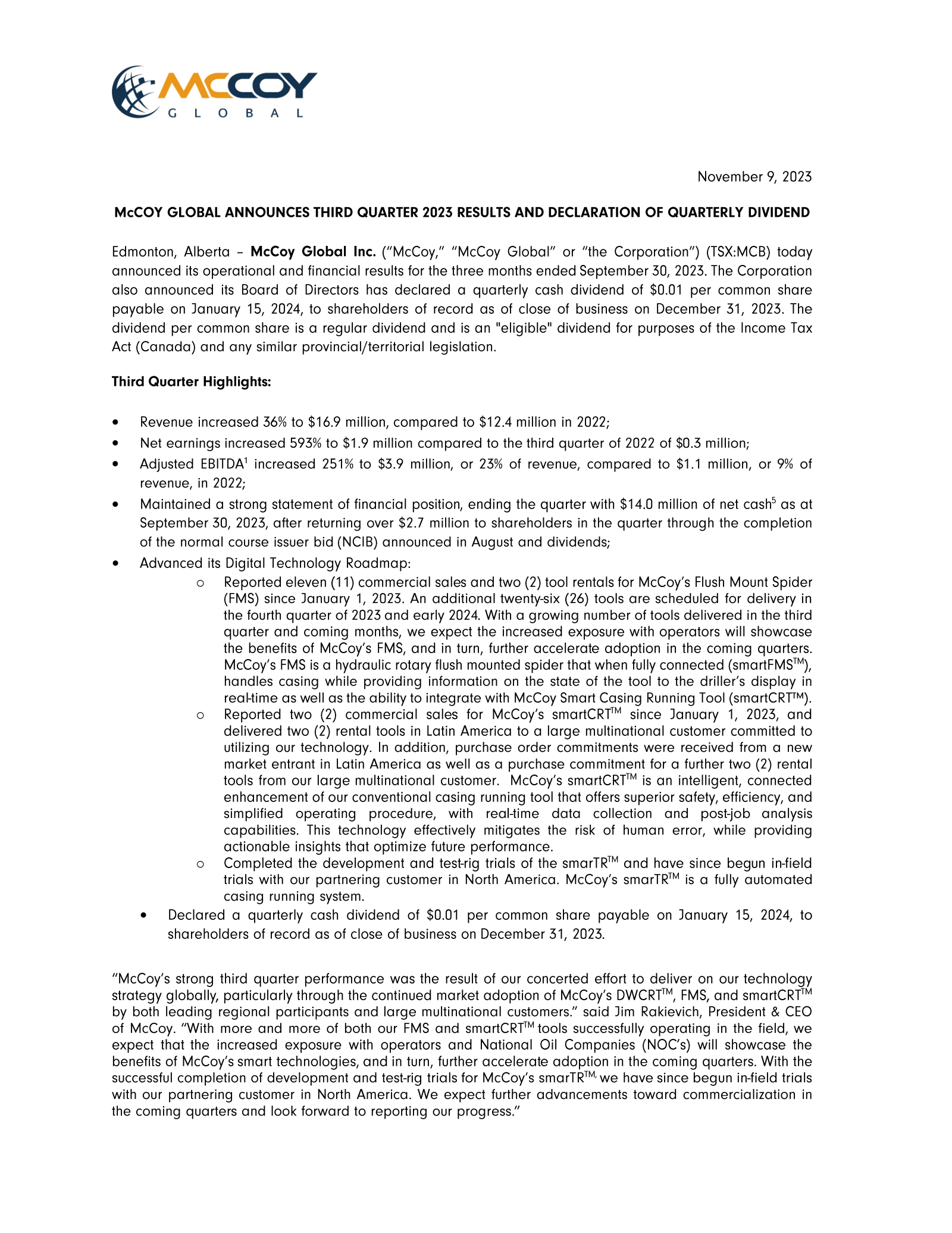 McCoy Global's Q3 2023 Earnings Release
