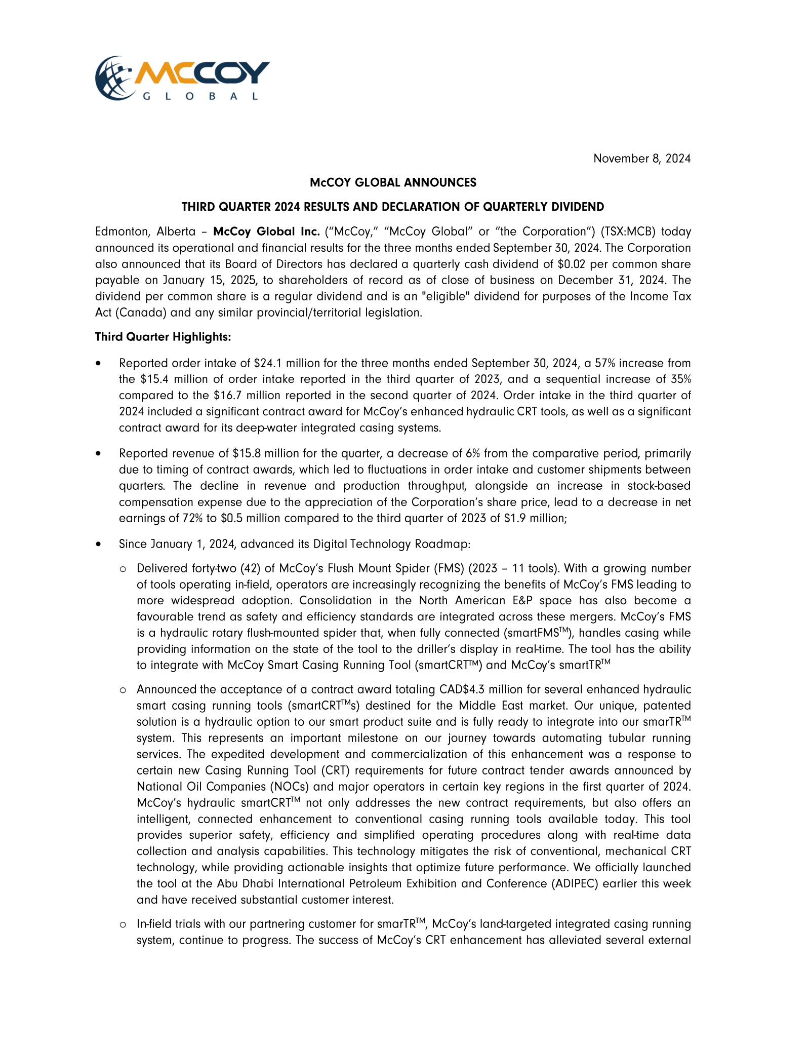 McCoy Global's Q3 2024 Earnings Release