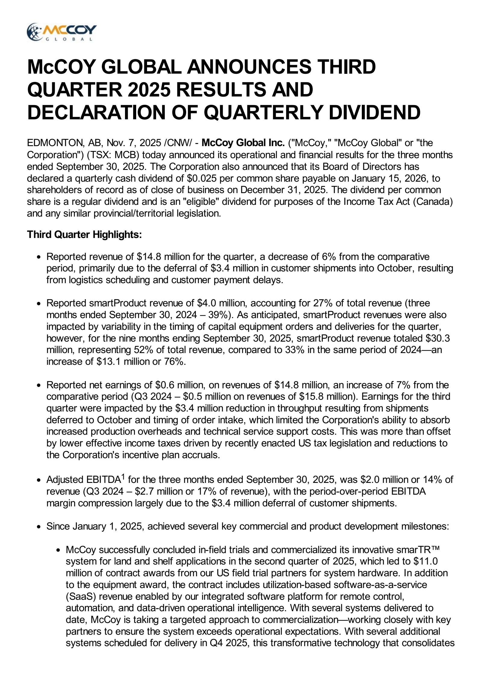 McCoy Global's Q3 2025 Earnings Release