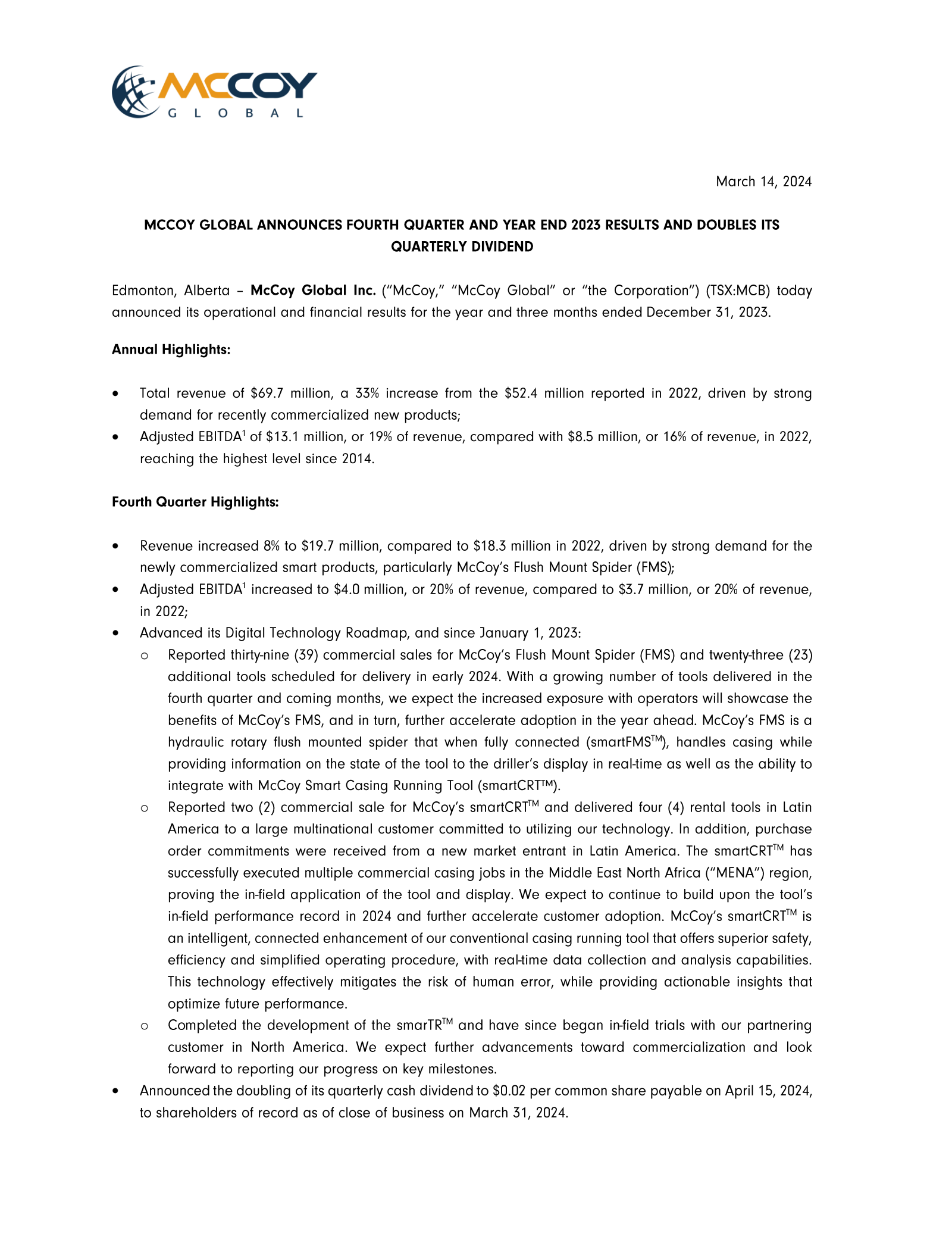 McCoy Global's Q4 2023 Earnings Release
