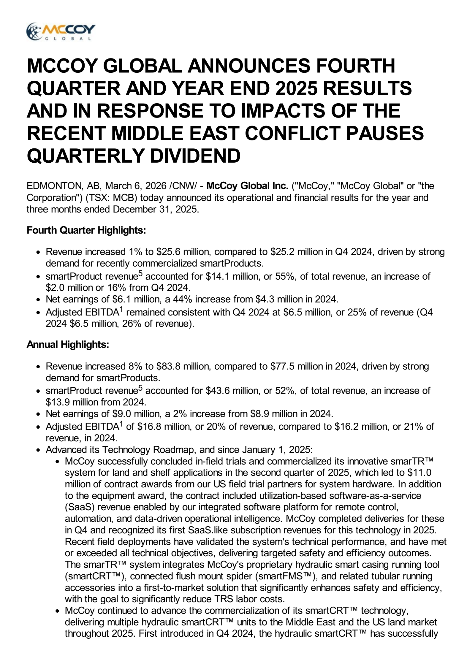 McCoy Global's Q4 2025 Press Release
