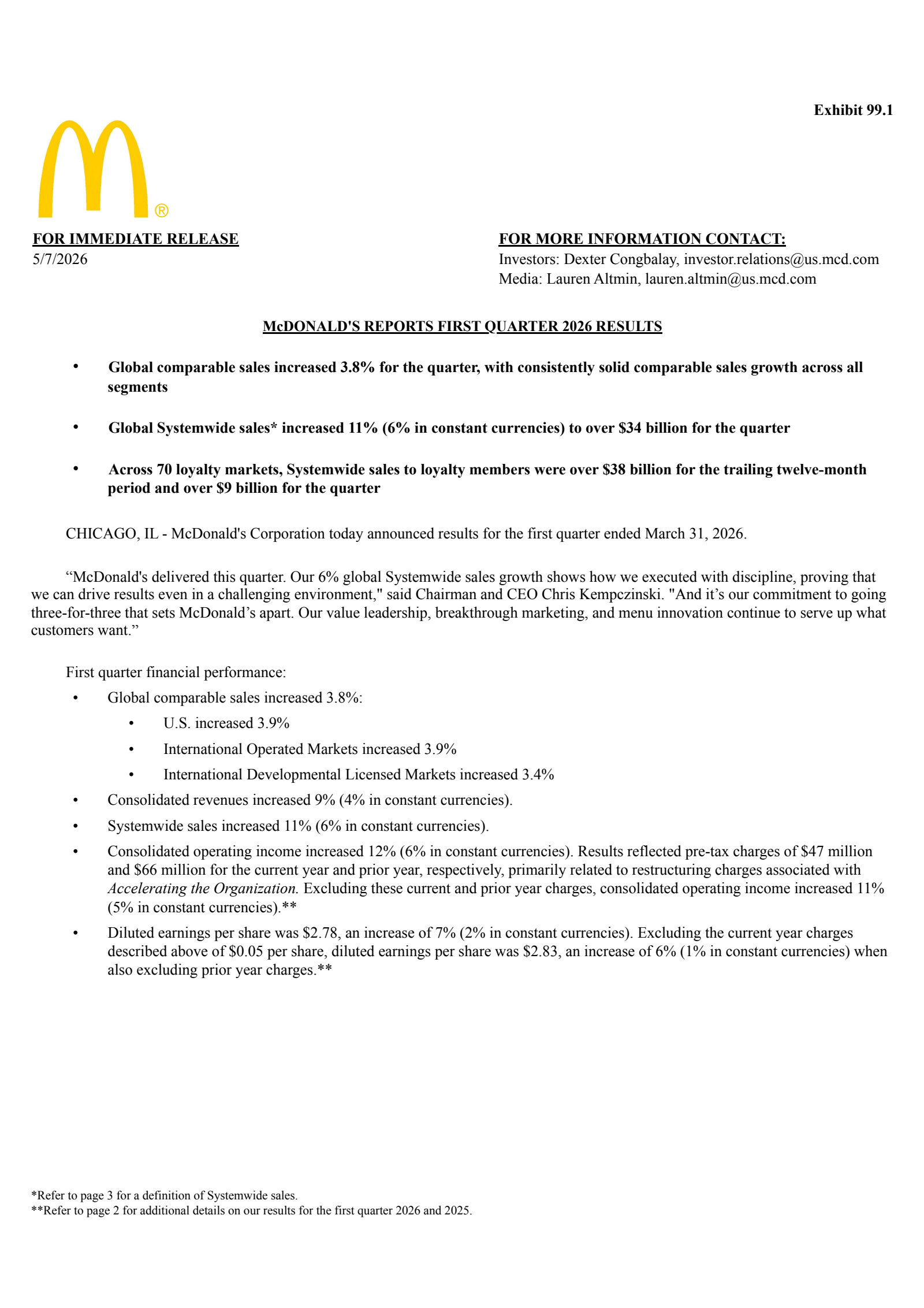 McDonald's' Q1 2026 Press Release