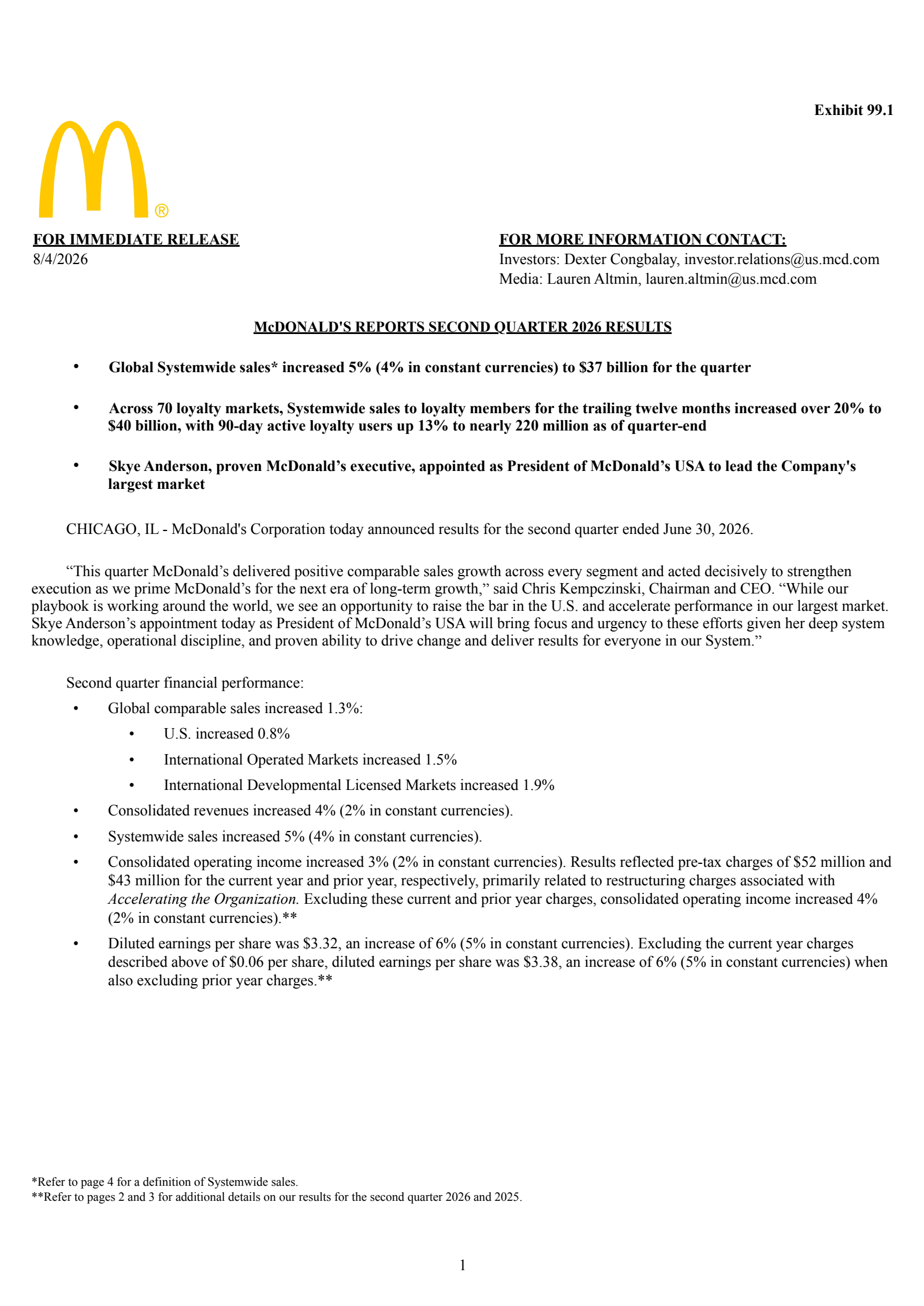 McDonald's' Q2 2026 Press Release