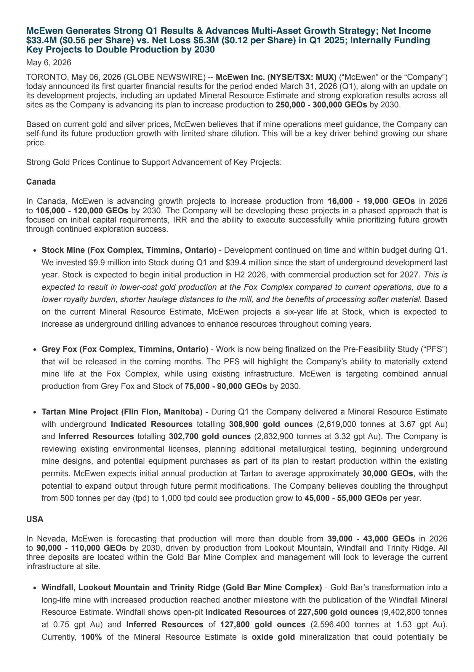 McEwen's Q1 2026 Press Release
