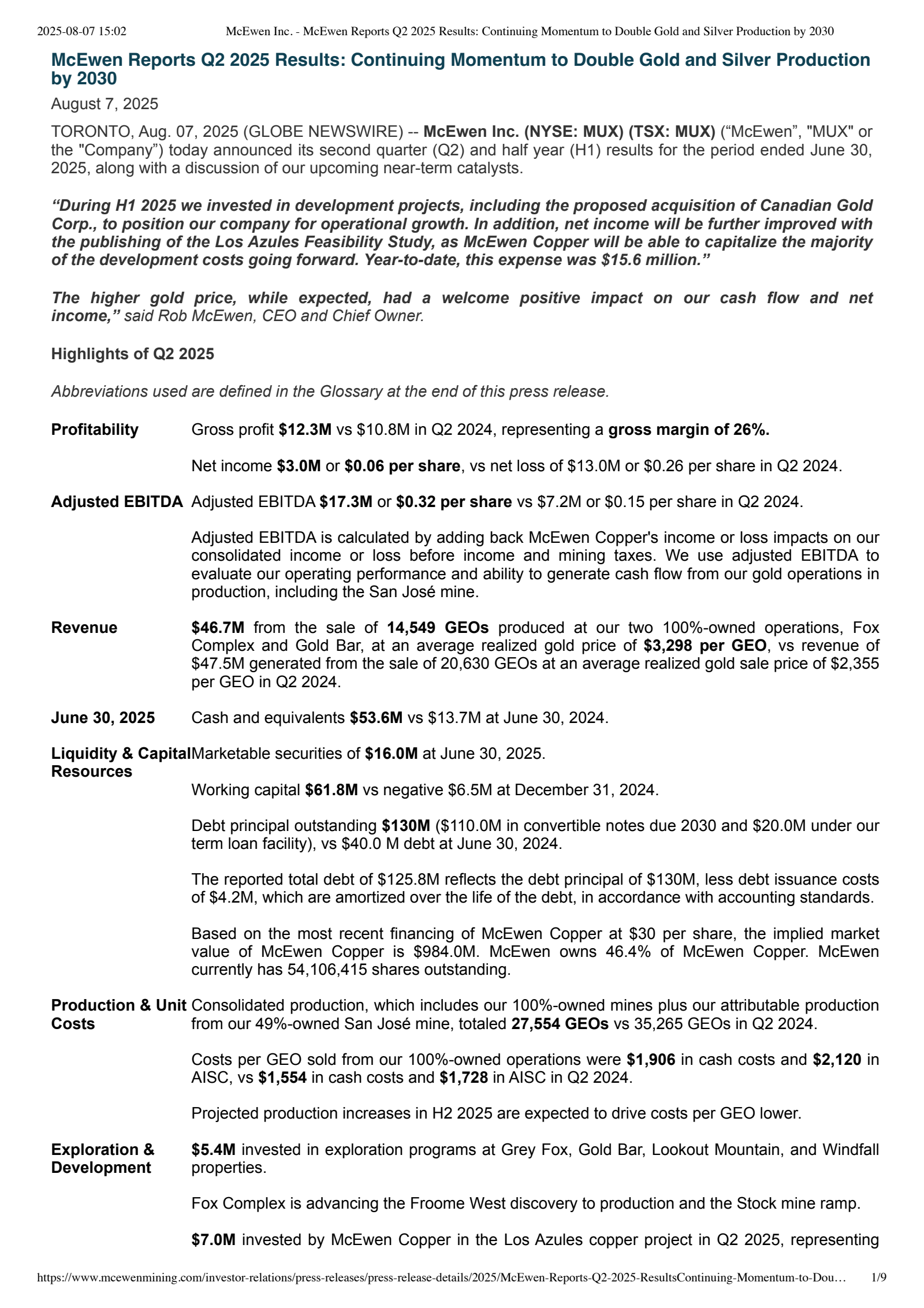 McEwen's Q2 2025 Press Release
