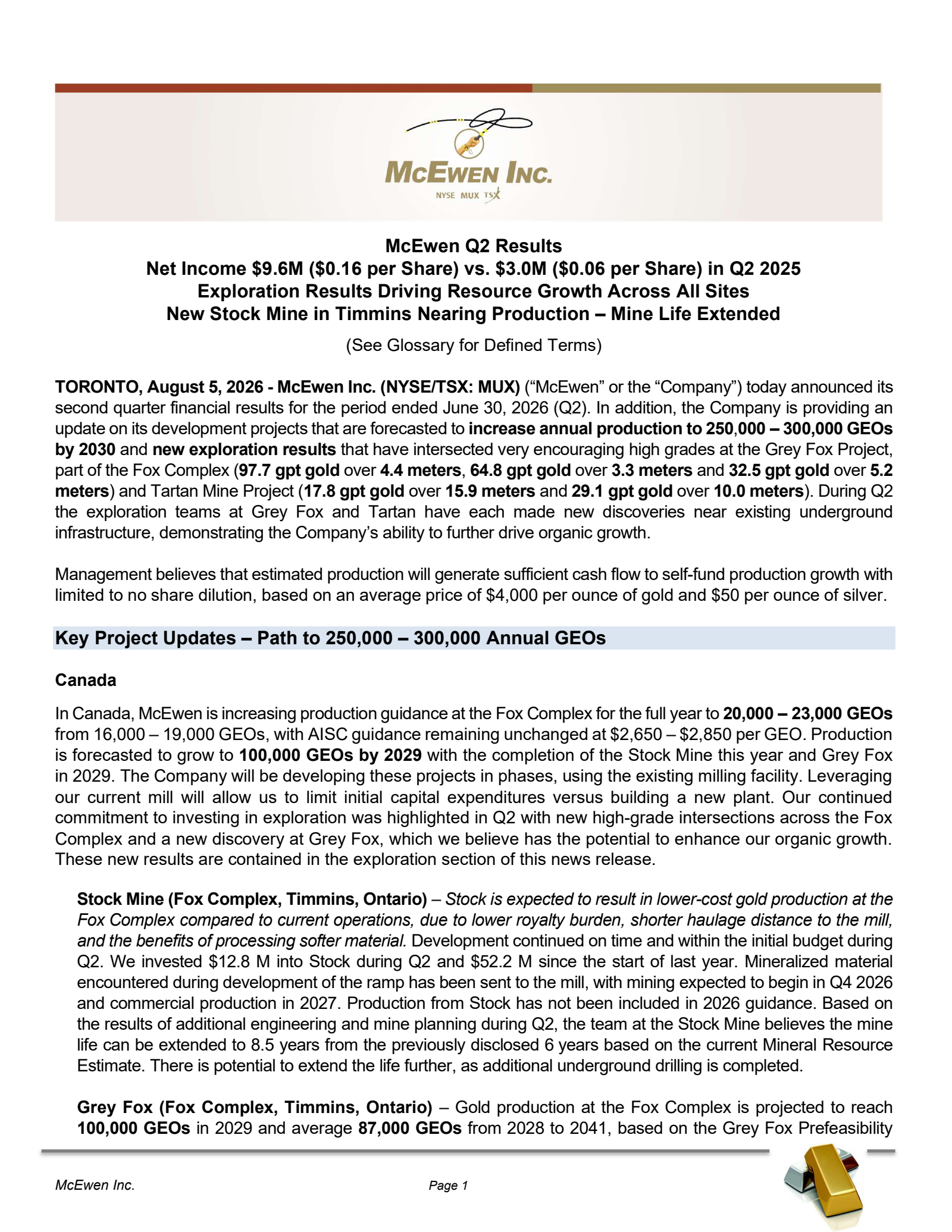 McEwen's Q2 2026 Press Release