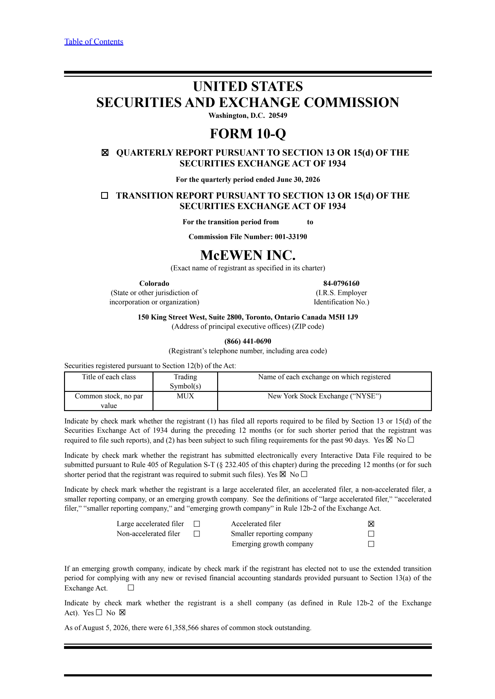 McEwen's Q2 2026 Quarterly report