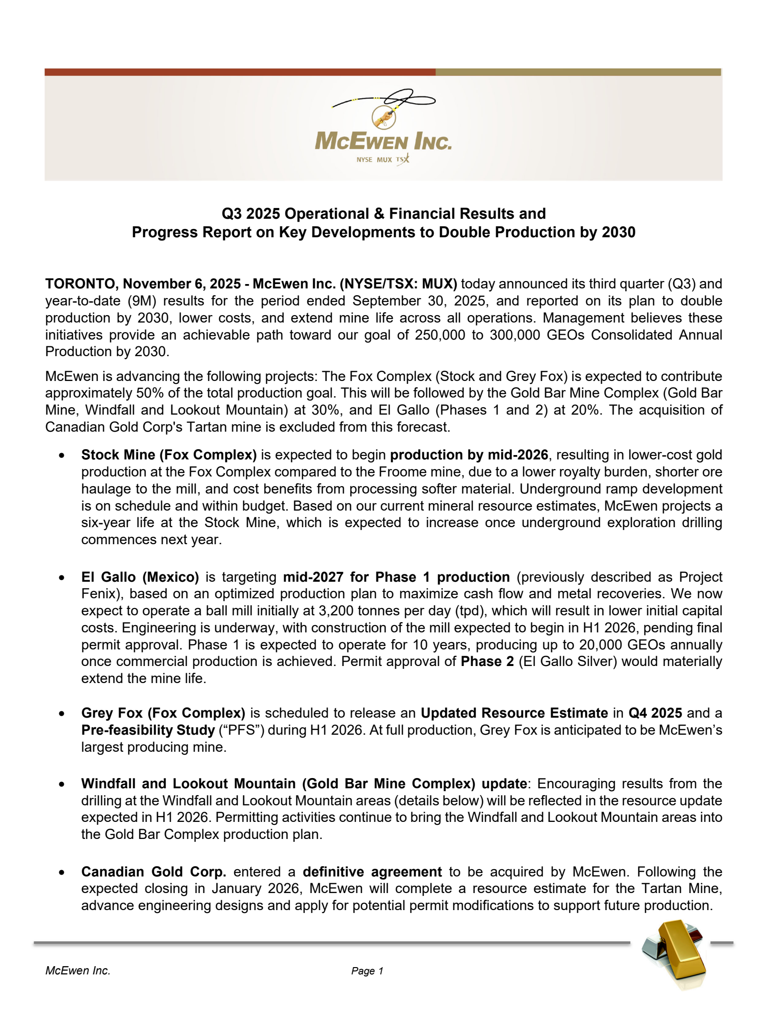 McEwen's Q3 2025 Earnings Release