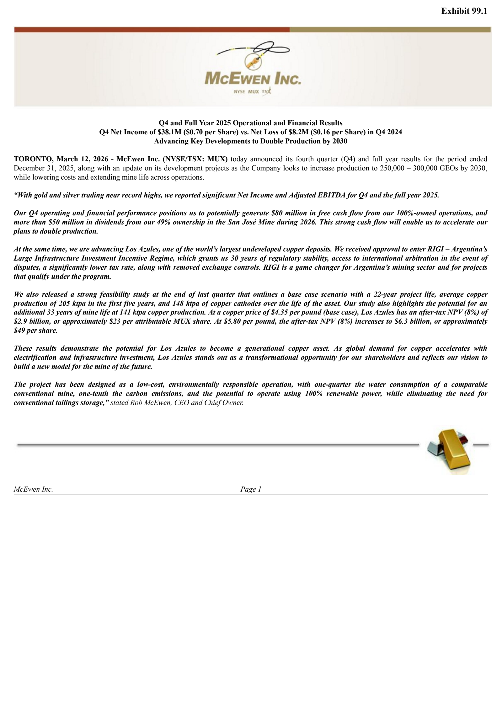 McEwen's Q4 2025 Press Release