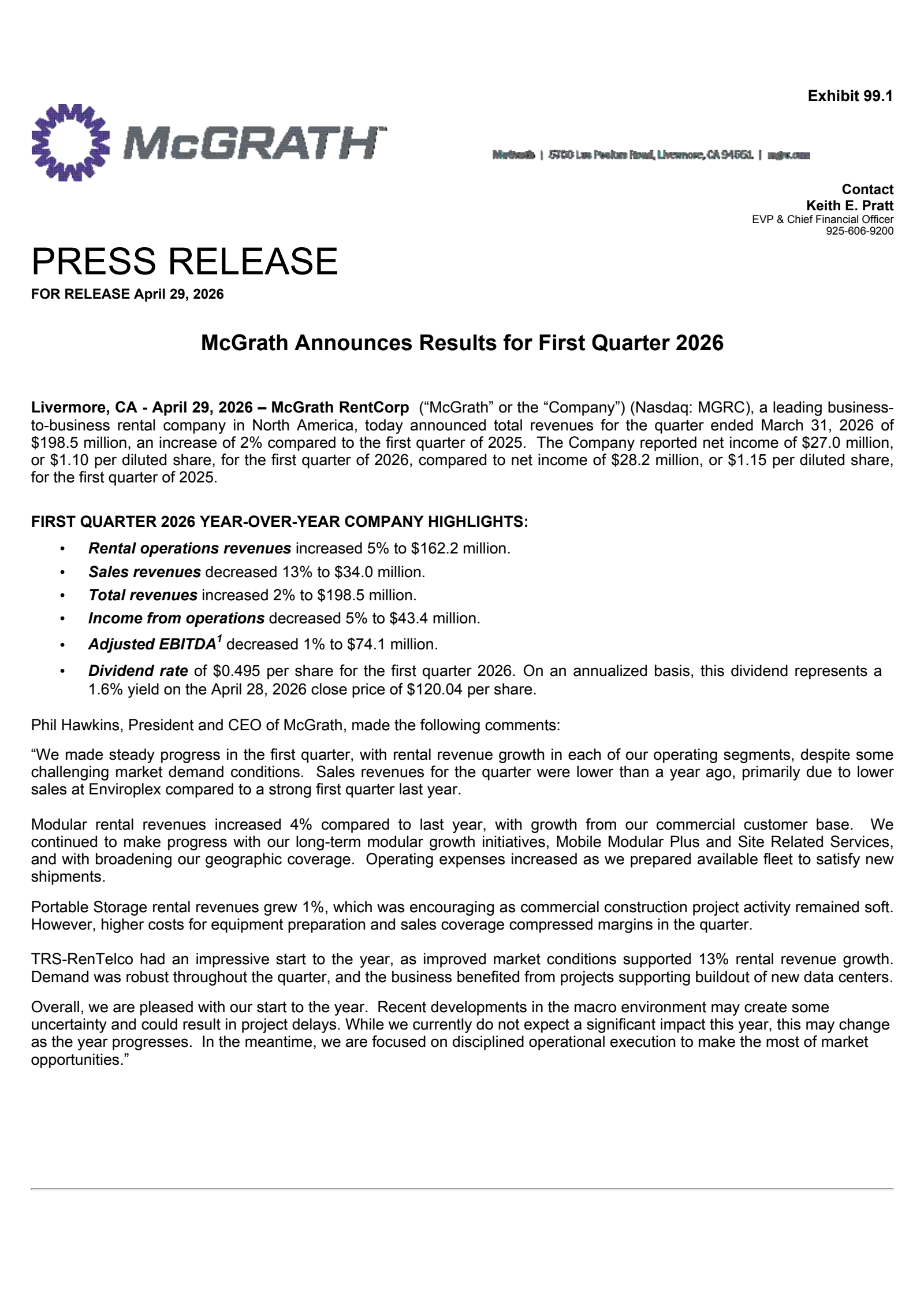 McGrath RentCorp's Q1 2026 Press Release