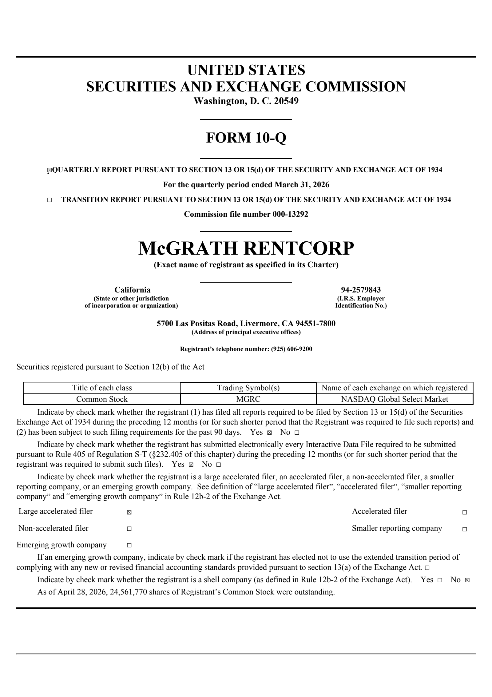 McGrath RentCorp's Q1 2026 Quarterly report