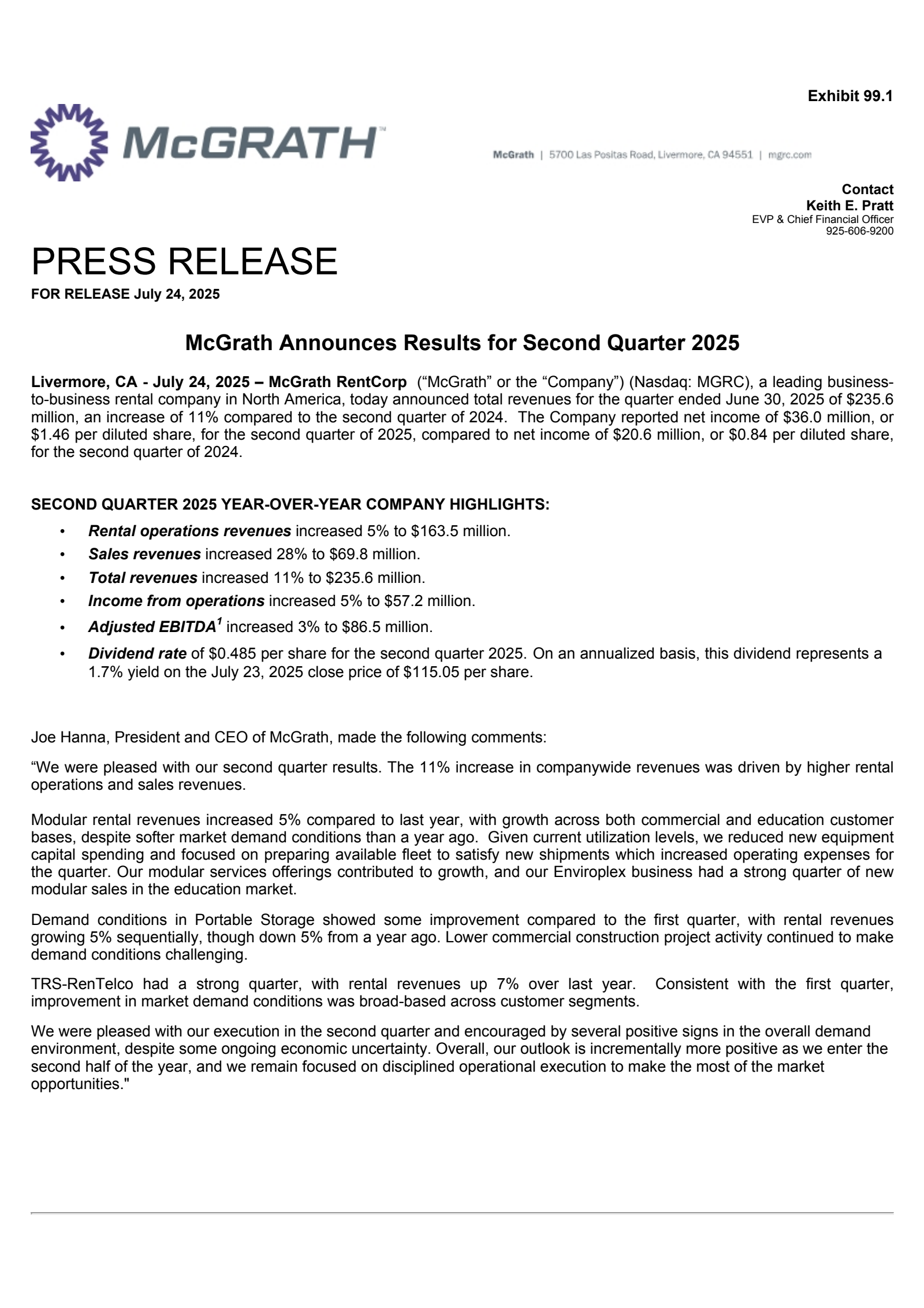 McGrath RentCorp's Q2 2025 Press Release