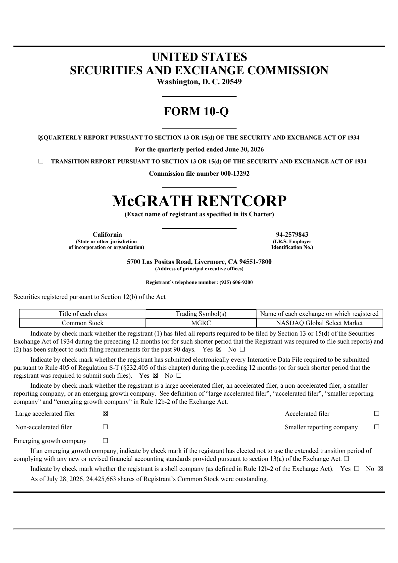 McGrath RentCorp's Q2 2026 Quarterly report