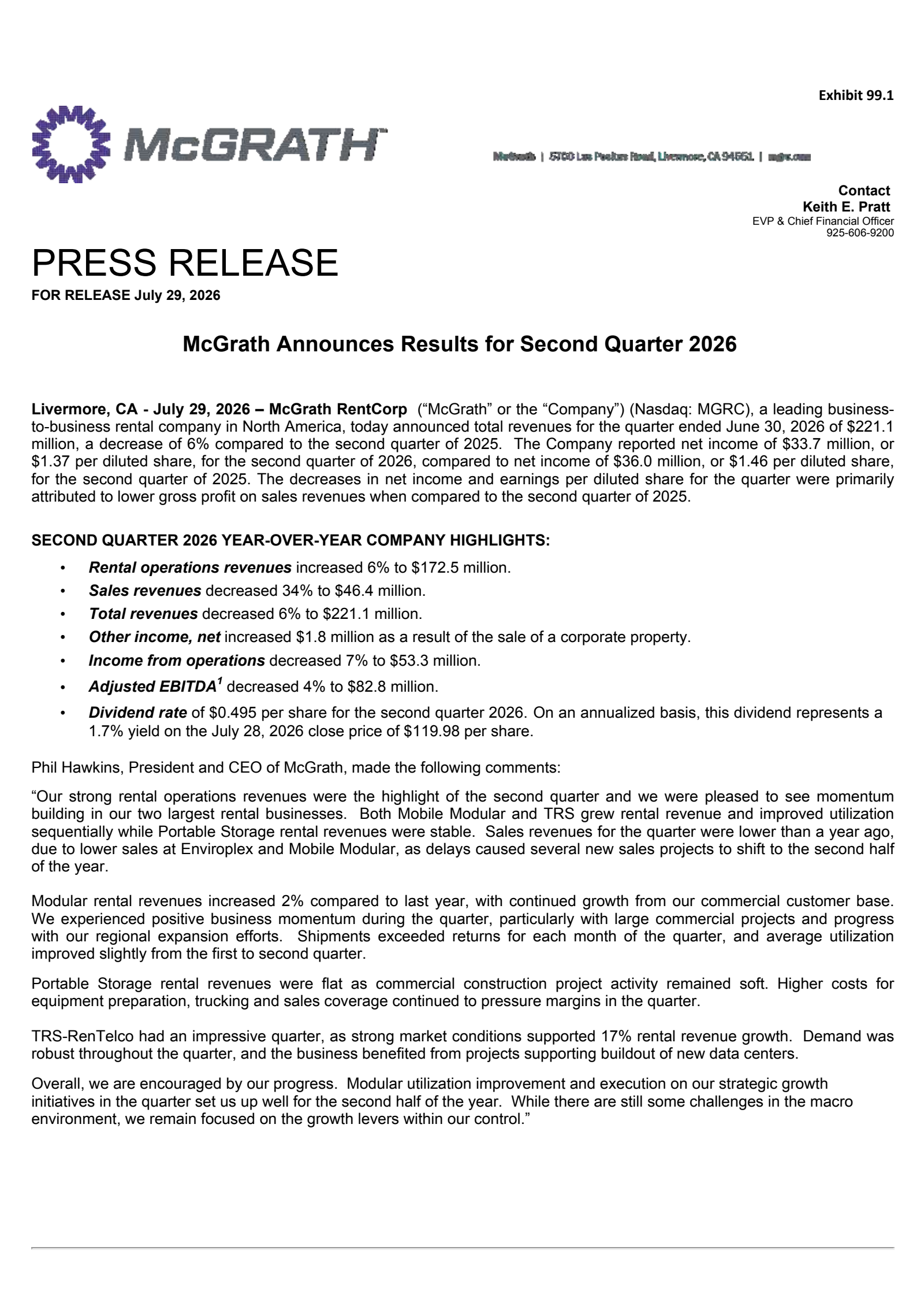 McGrath RentCorp's Q2 2026 Press Release