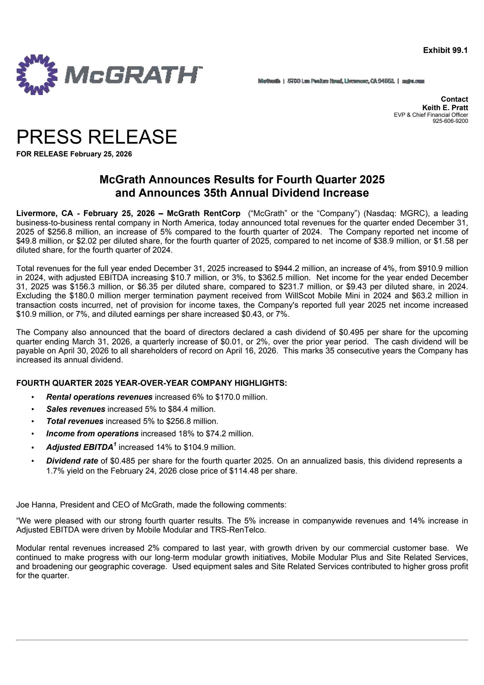 McGrath RentCorp's Q4 2025 Press Release