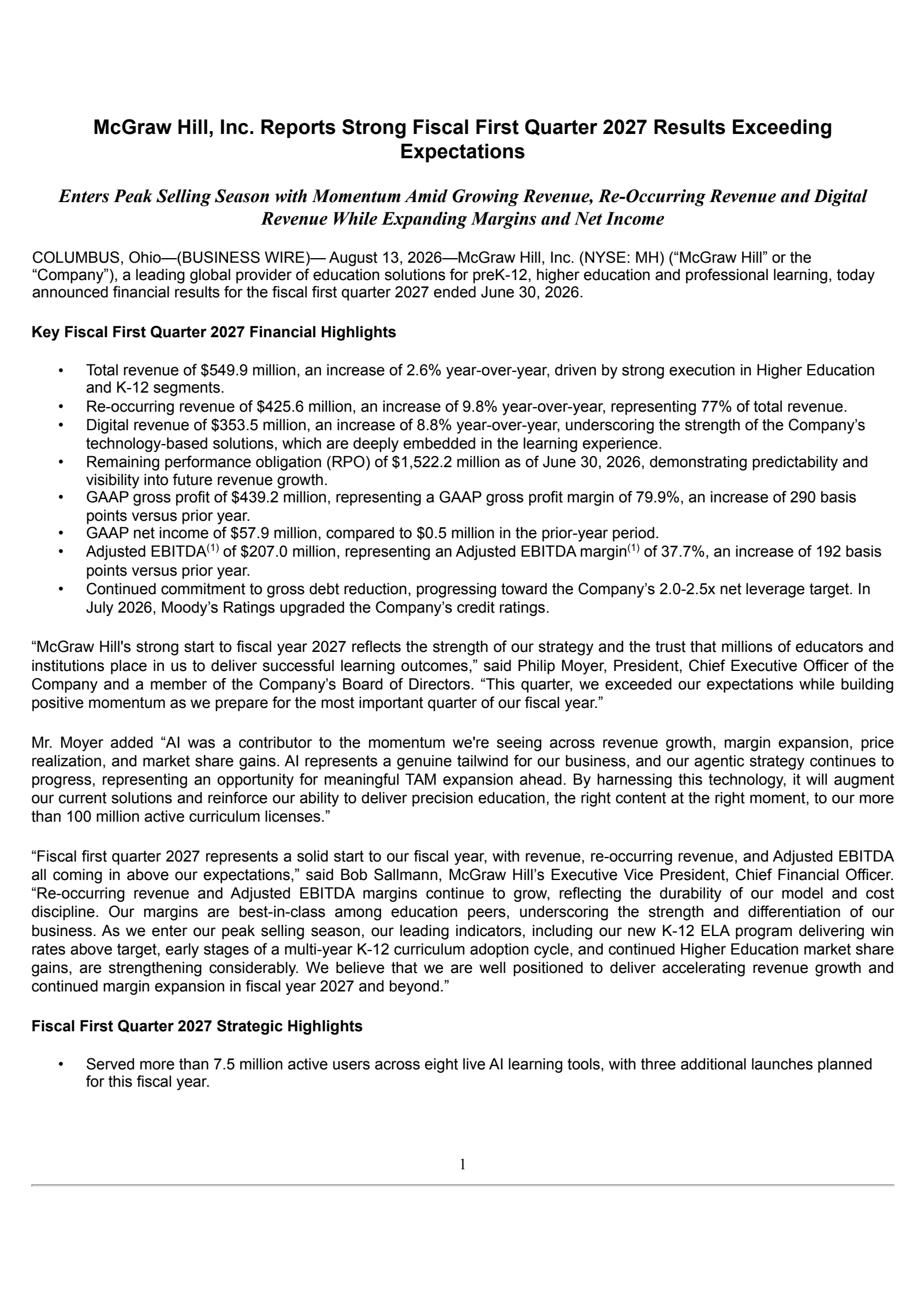 McGraw Hill's Q1 2027 Press Release