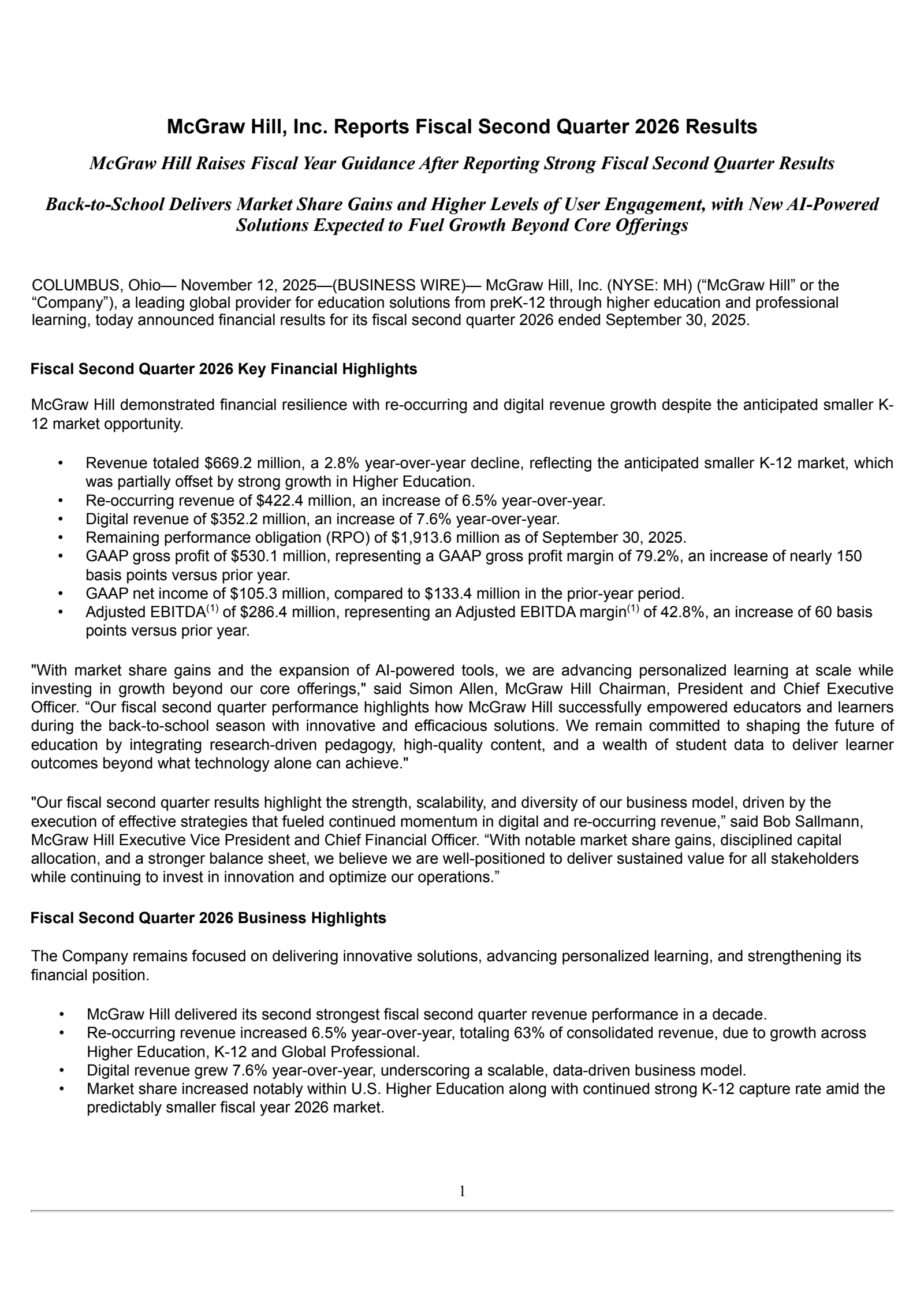 McGraw Hill's Q2 2026 Earnings Release