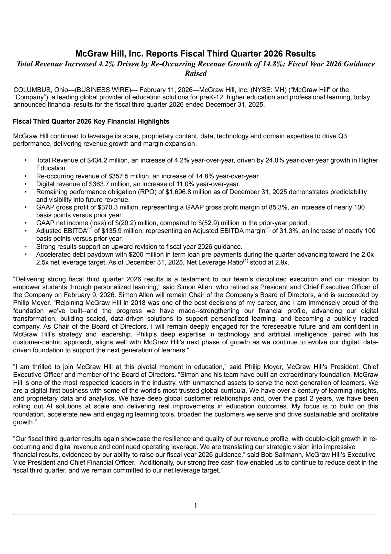 McGraw Hill's Q3 2026 Press Release