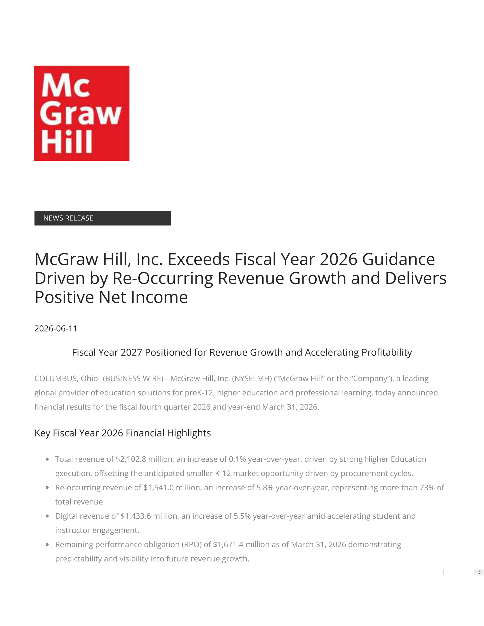 McGraw Hill's Q4 2026 Press Release