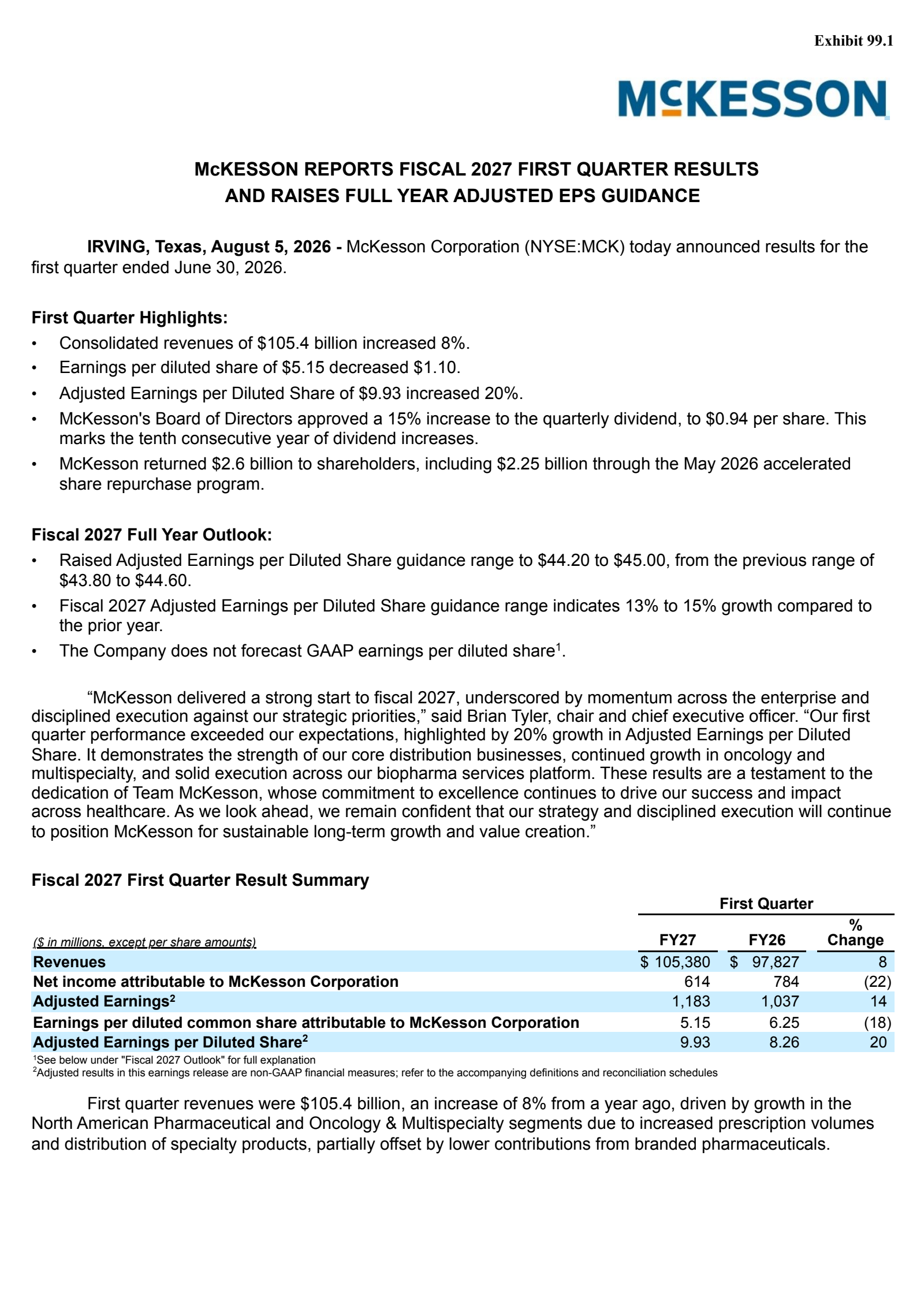 McKesson's Q1 2027 Press Release