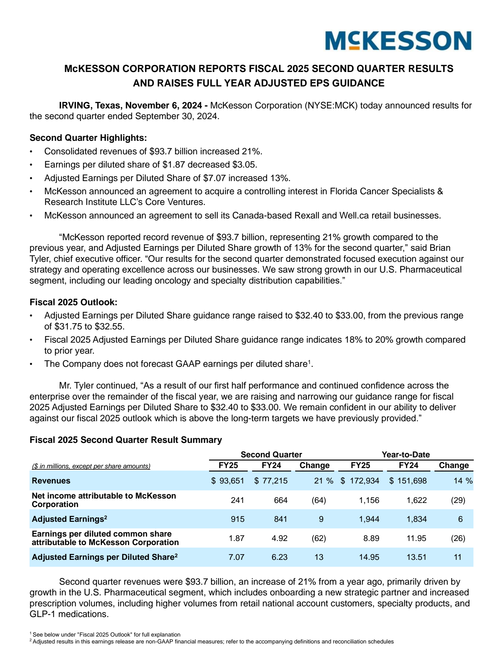 McKesson's Q2 2025 Earnings Release