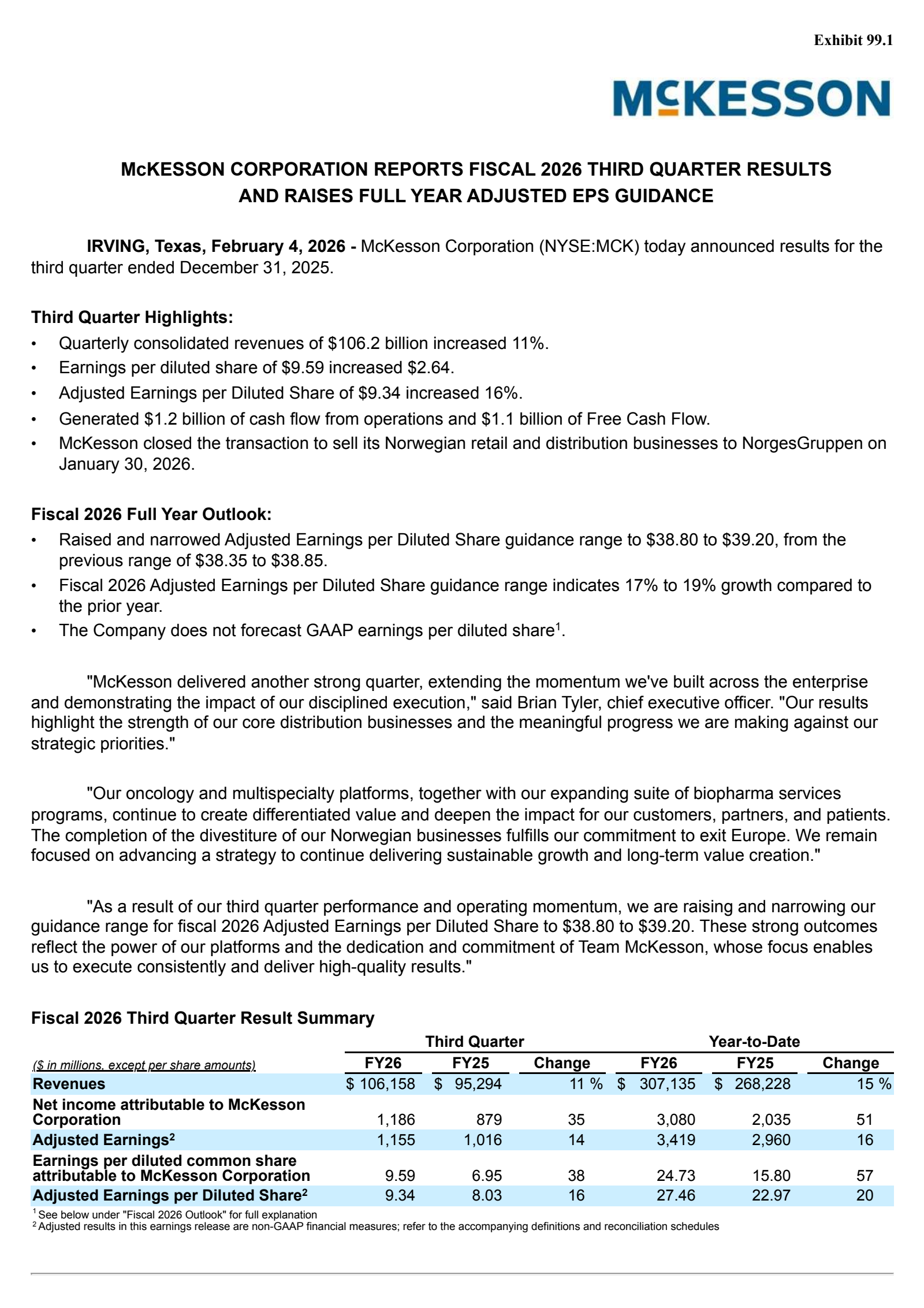 McKesson's Q3 2026 Press Release
