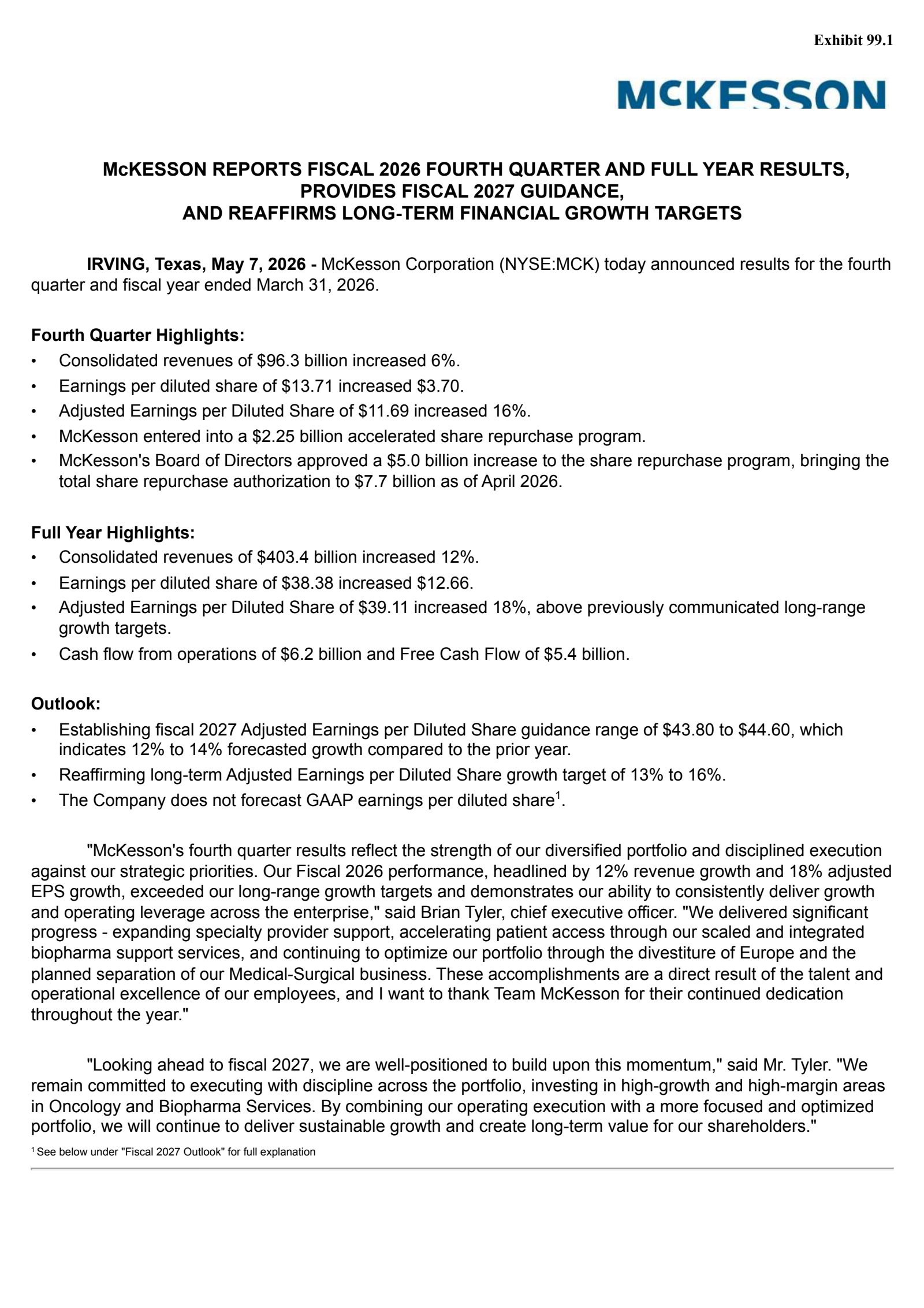 McKesson's Q4 2026 Press Release
