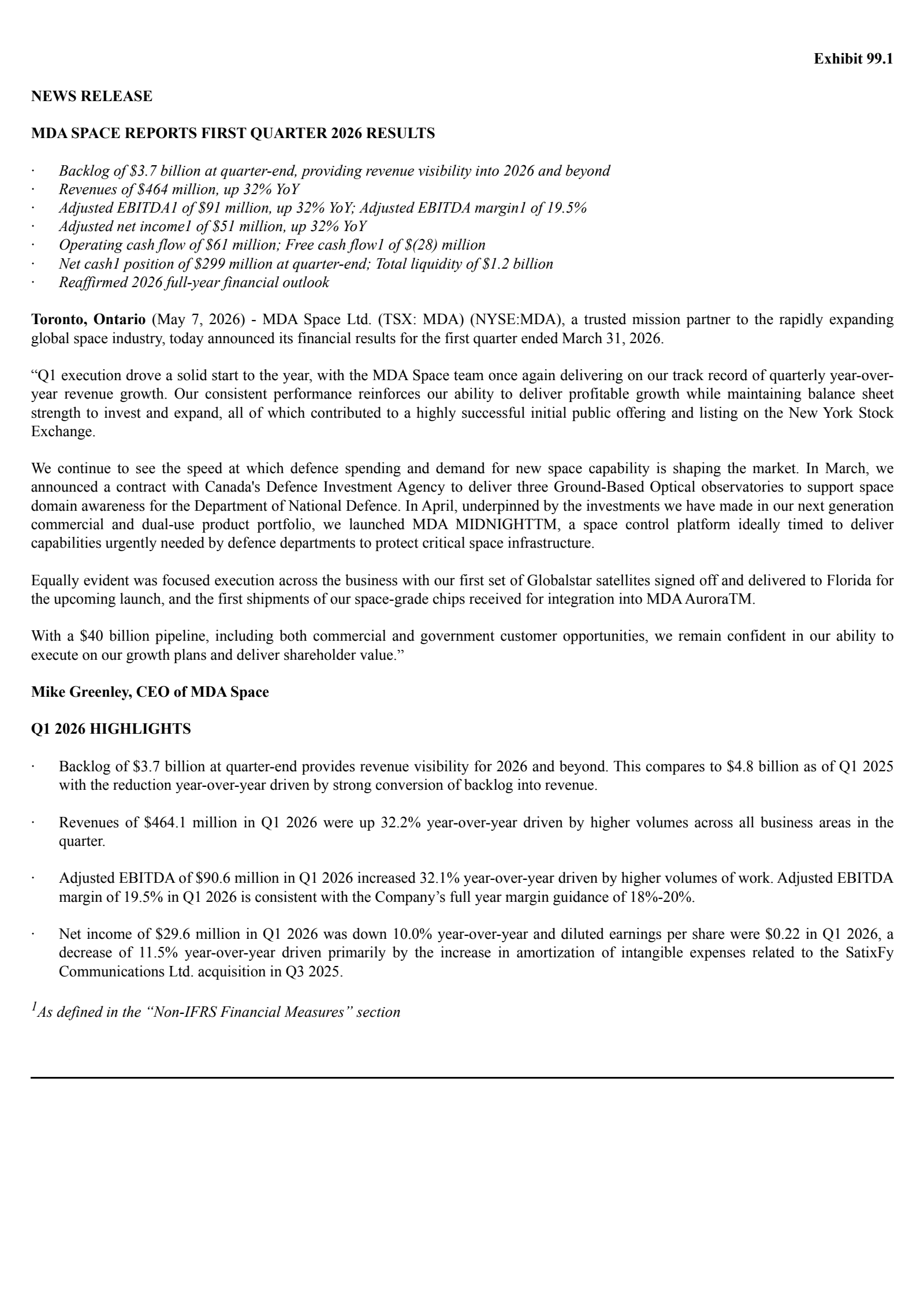 MDA Space's Q1 2026 Press Release
