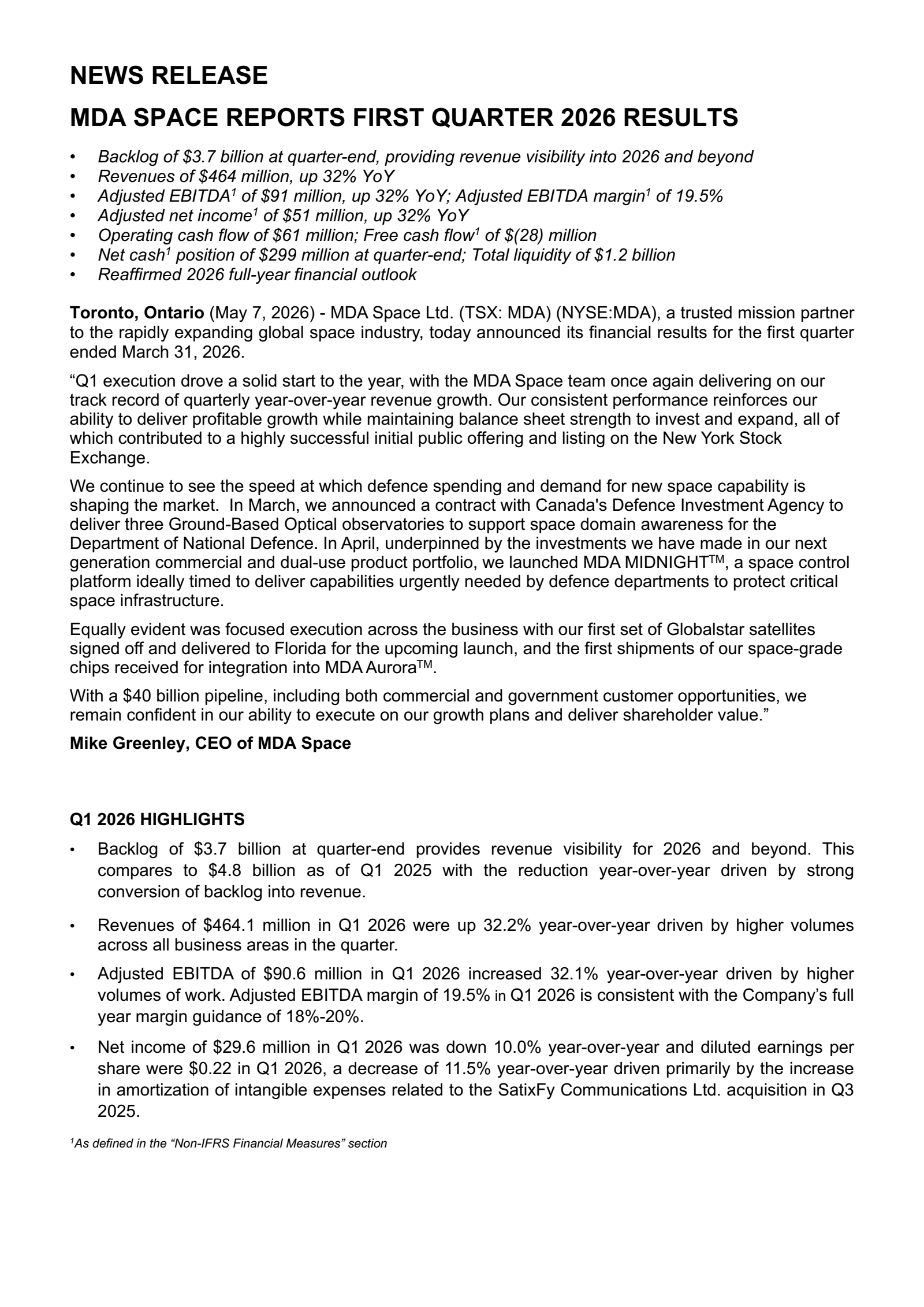 MDA Space's Q1 2026 Press Release