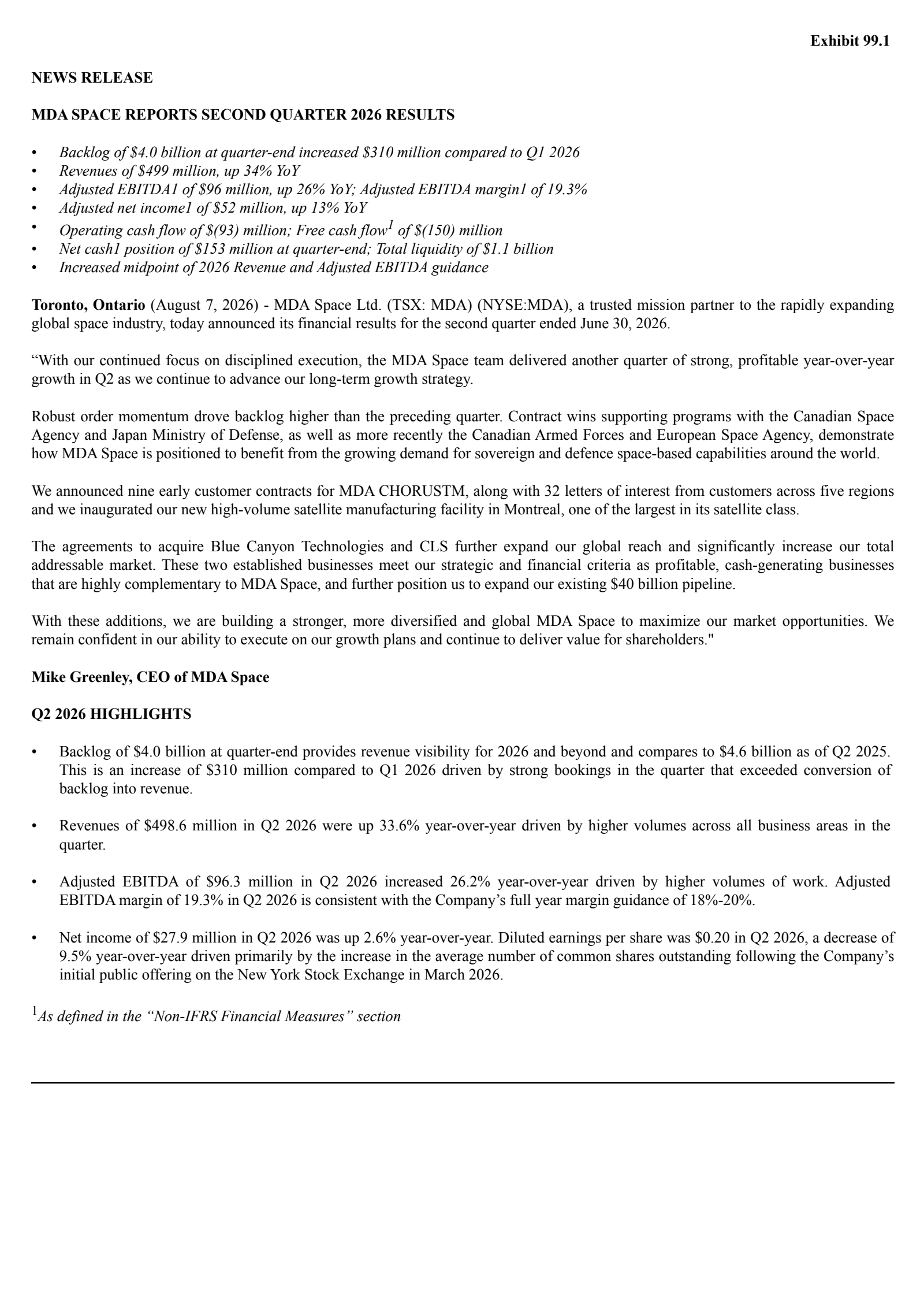 MDA Space's Q2 2026 Press Release