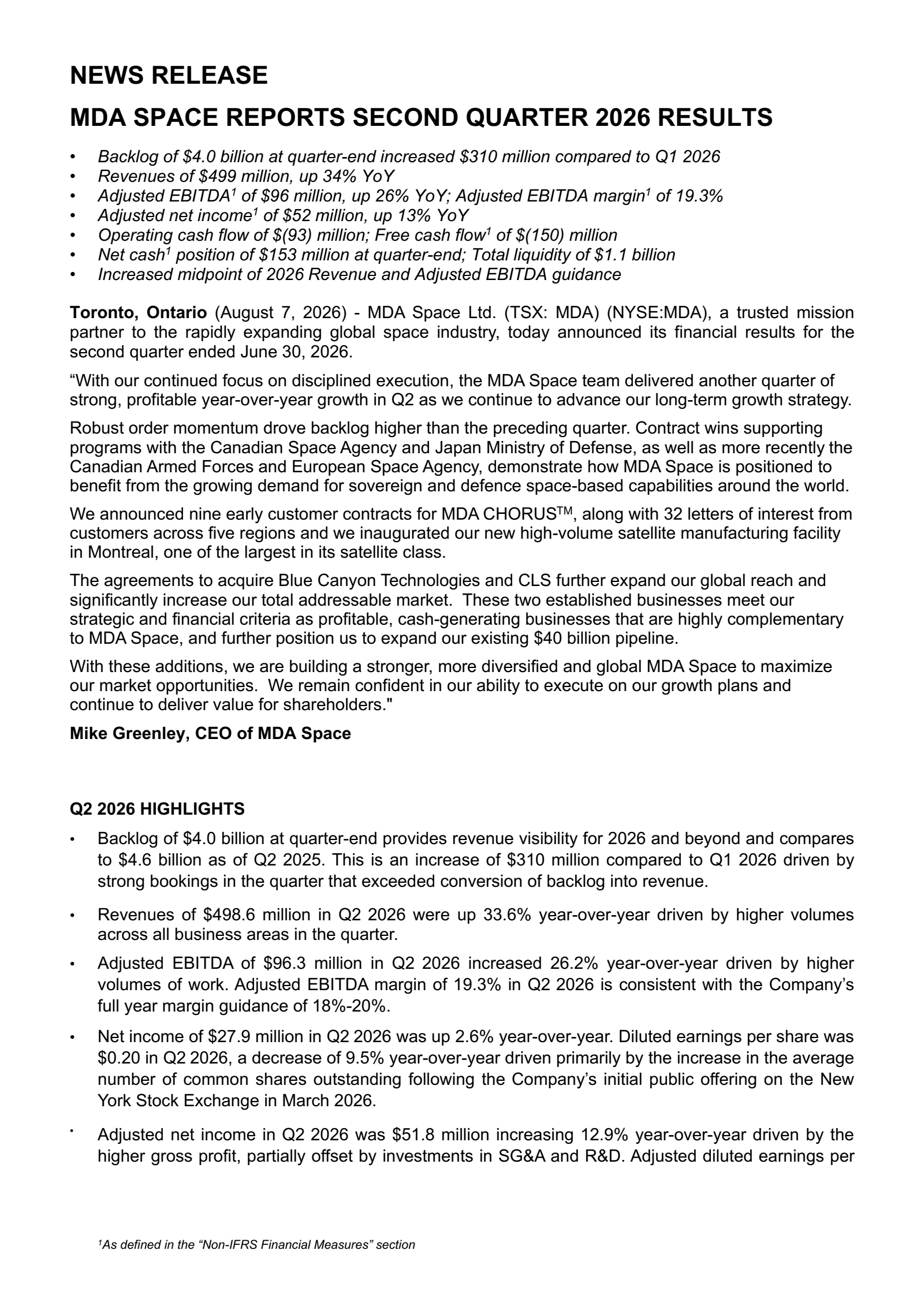 MDA Space's Q2 2026 Press Release