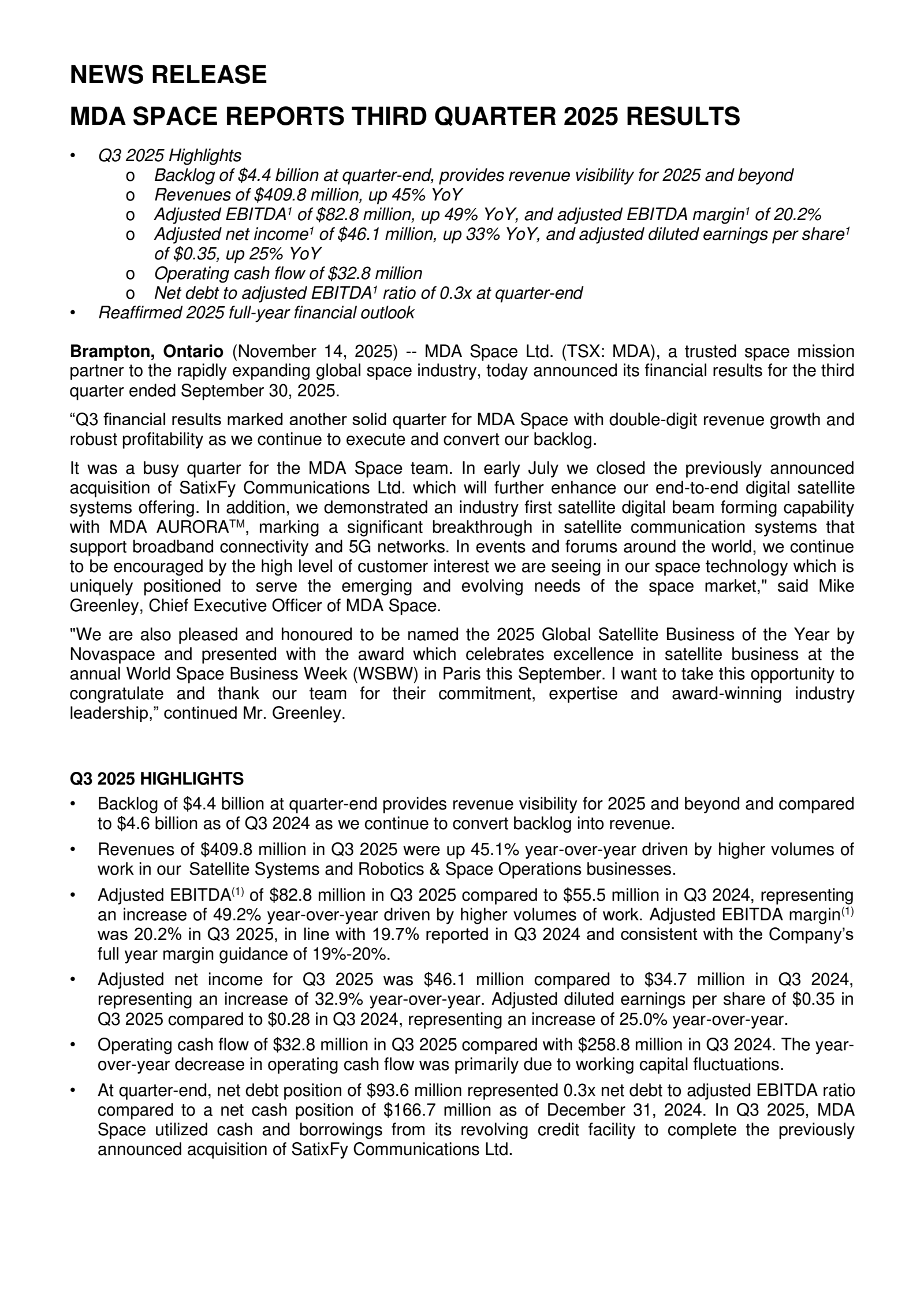 MDA Space's Q3 2025 Earnings Release