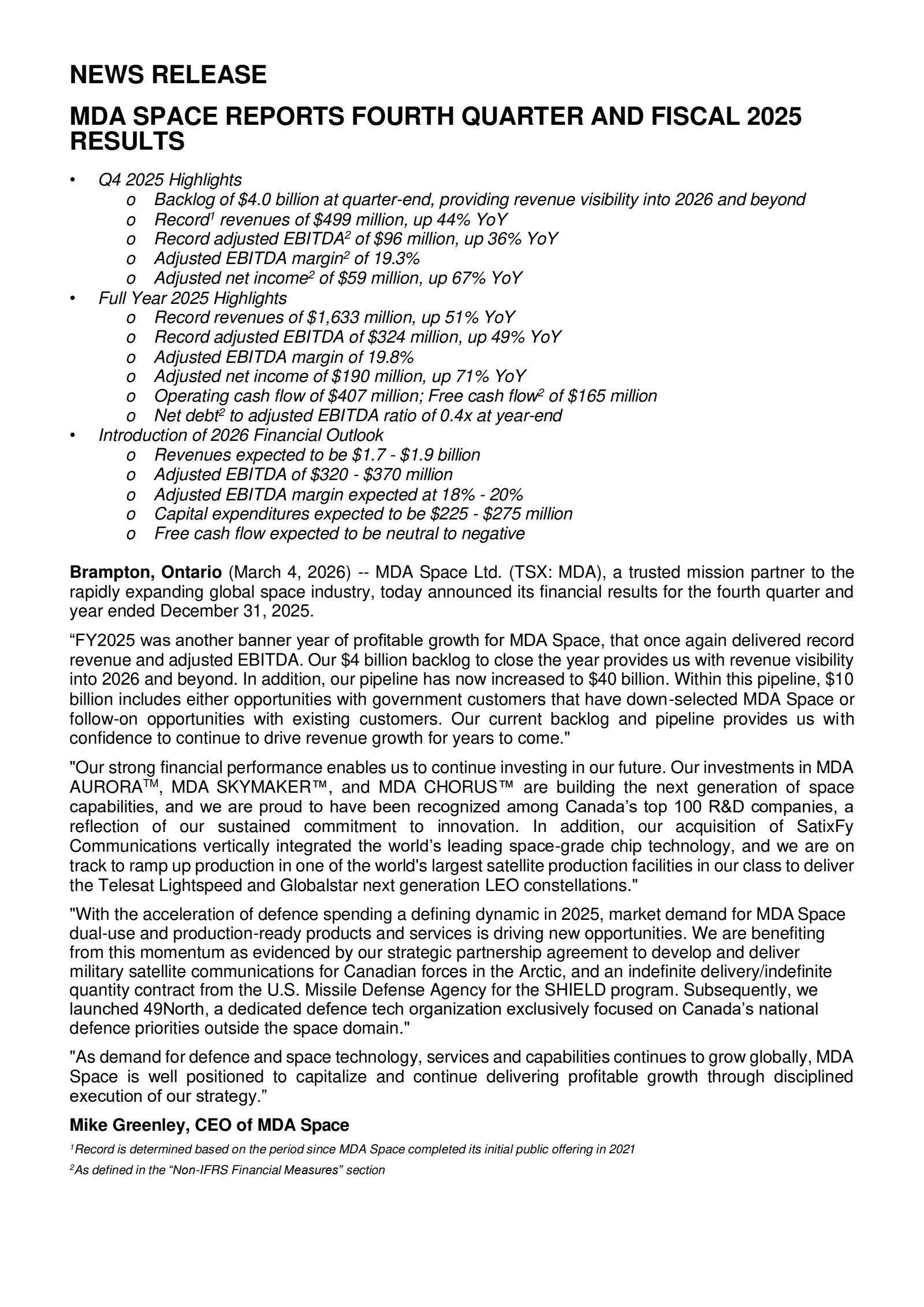 MDA Space's Q4 2025 Press Release