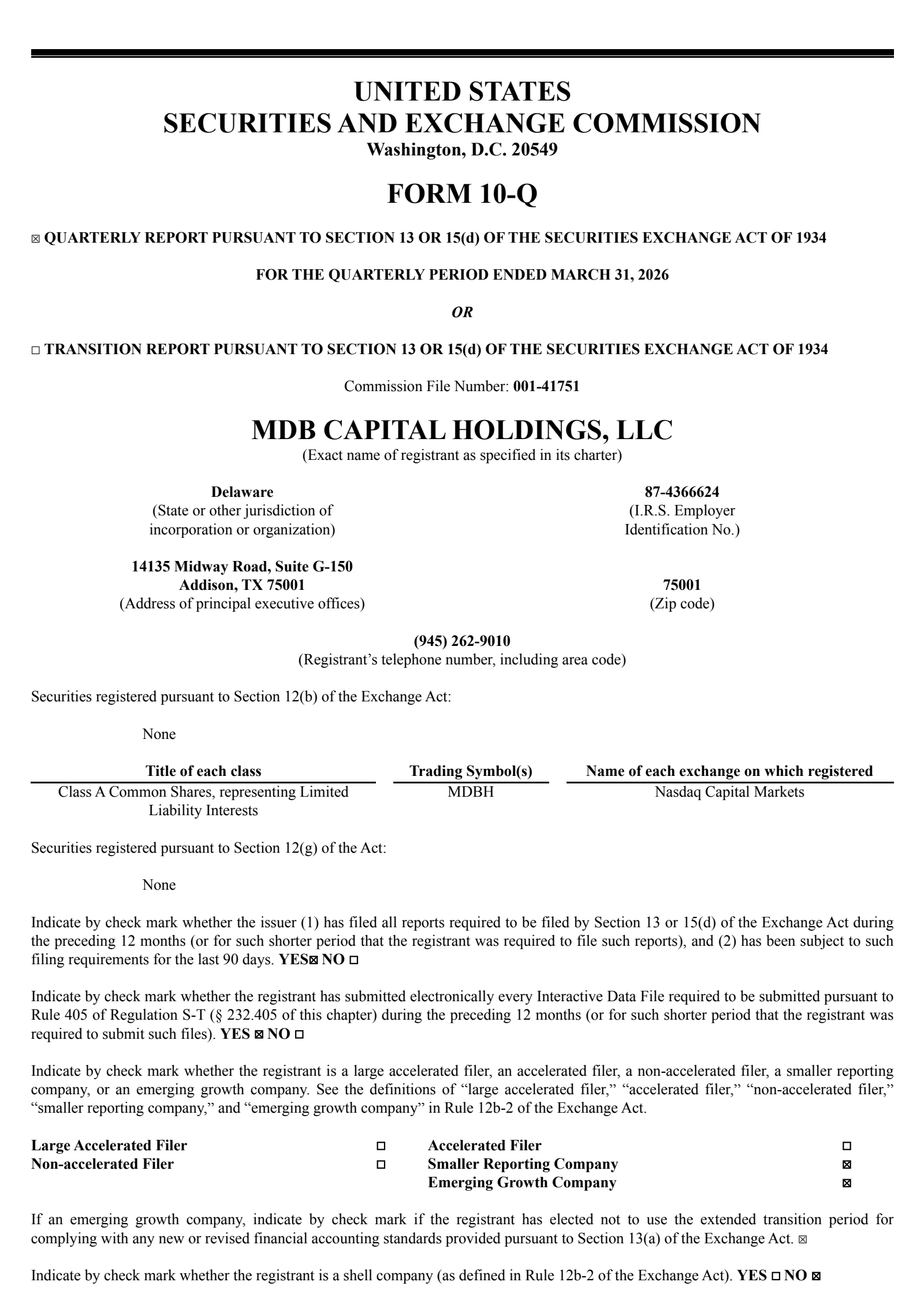 MDB Capital's Q1 2026 Quarterly report