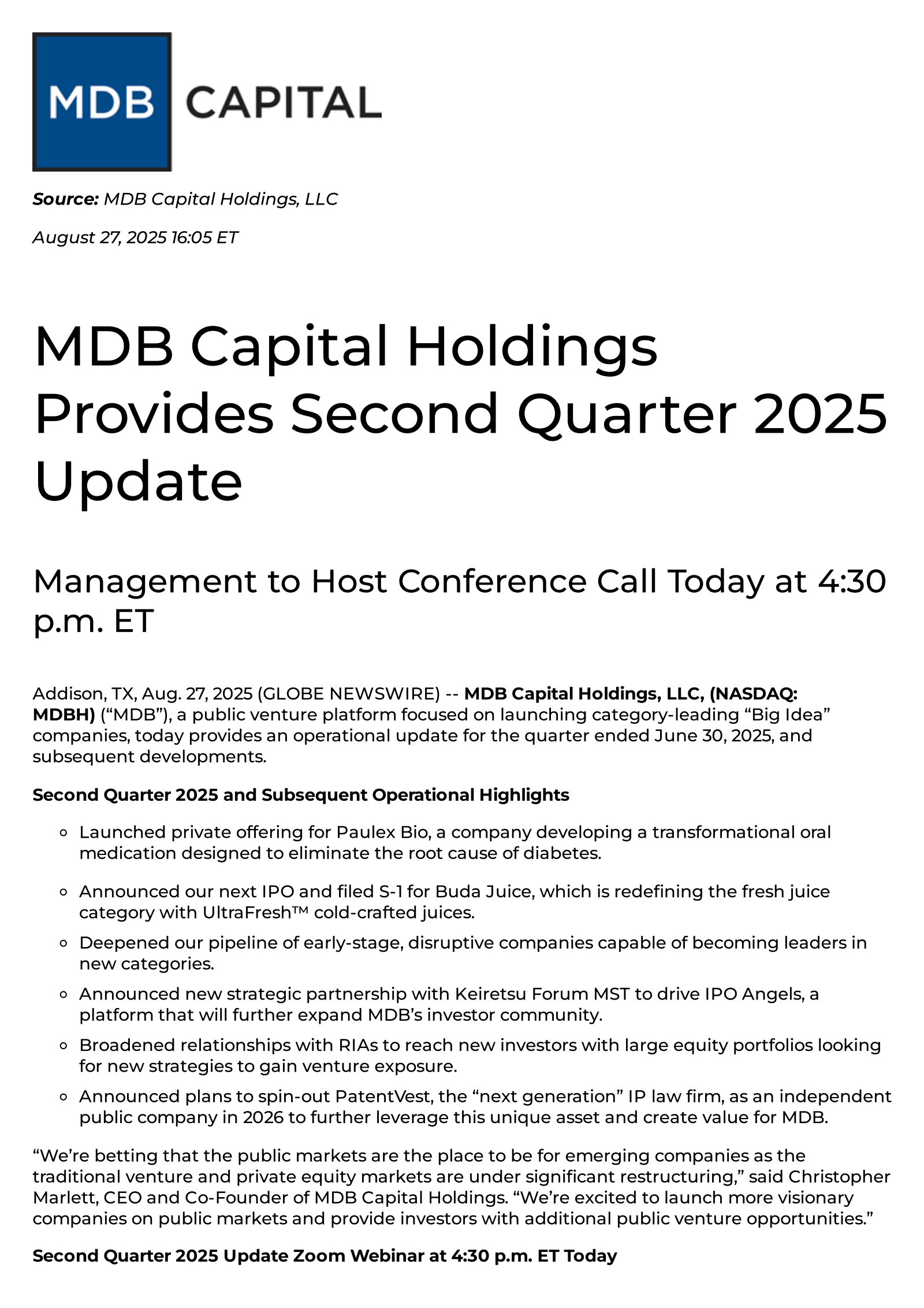MDB Capital's Q2 2025 Press Release