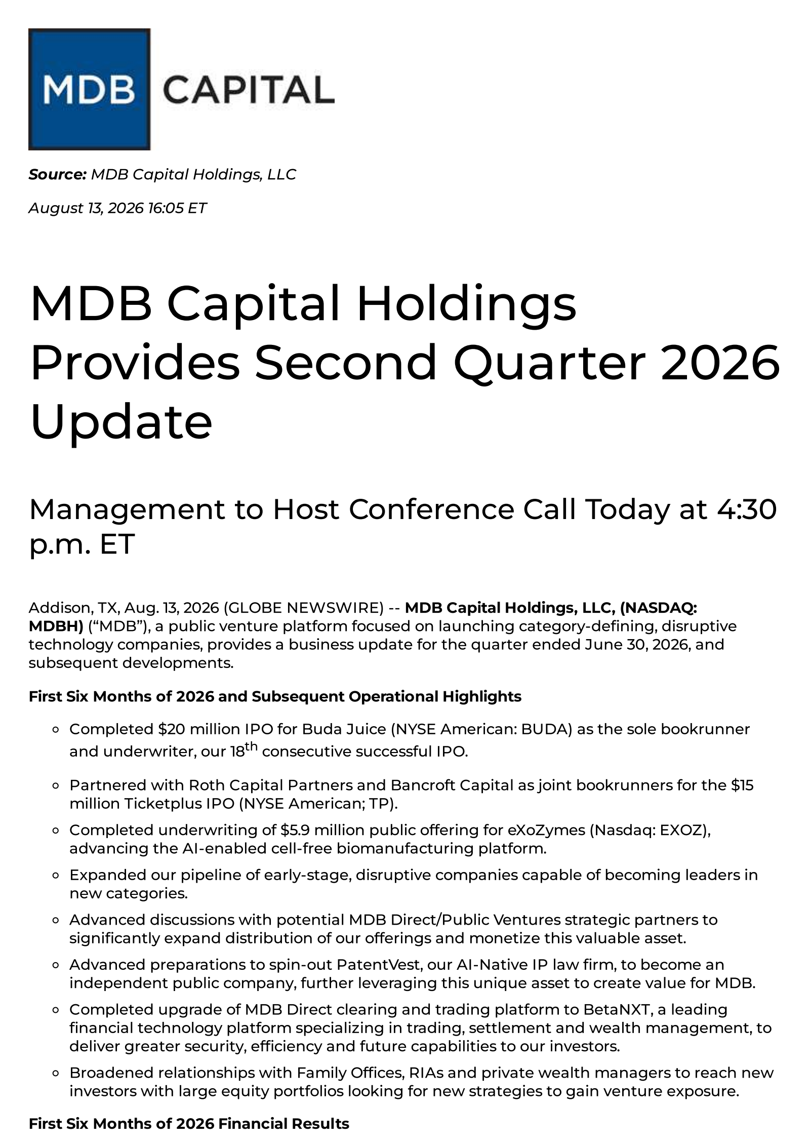 MDB Capital's Q2 2026 Press Release